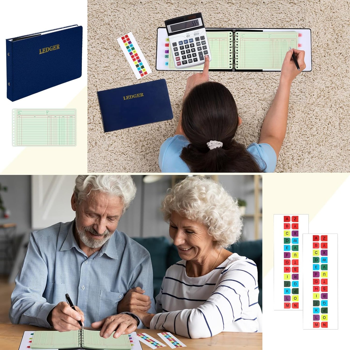 Ring Ledger Binder with 200 Pcs 5"x8.5" Ledger Sheets Small Index Tabs for Bookkeeping Accounting Business with Debit Credit Balance Columns(Blue Cover, Yellow Sheets)