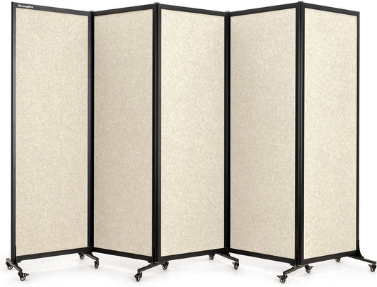 Upgrade Version Room Partition and Divider, Freestanding Rolling Dividers with Wheels,Office Privacy Screen Divider Wall,Classroom Felt Dividers,10'6"L* 6'7"H,5 Panel,Beige