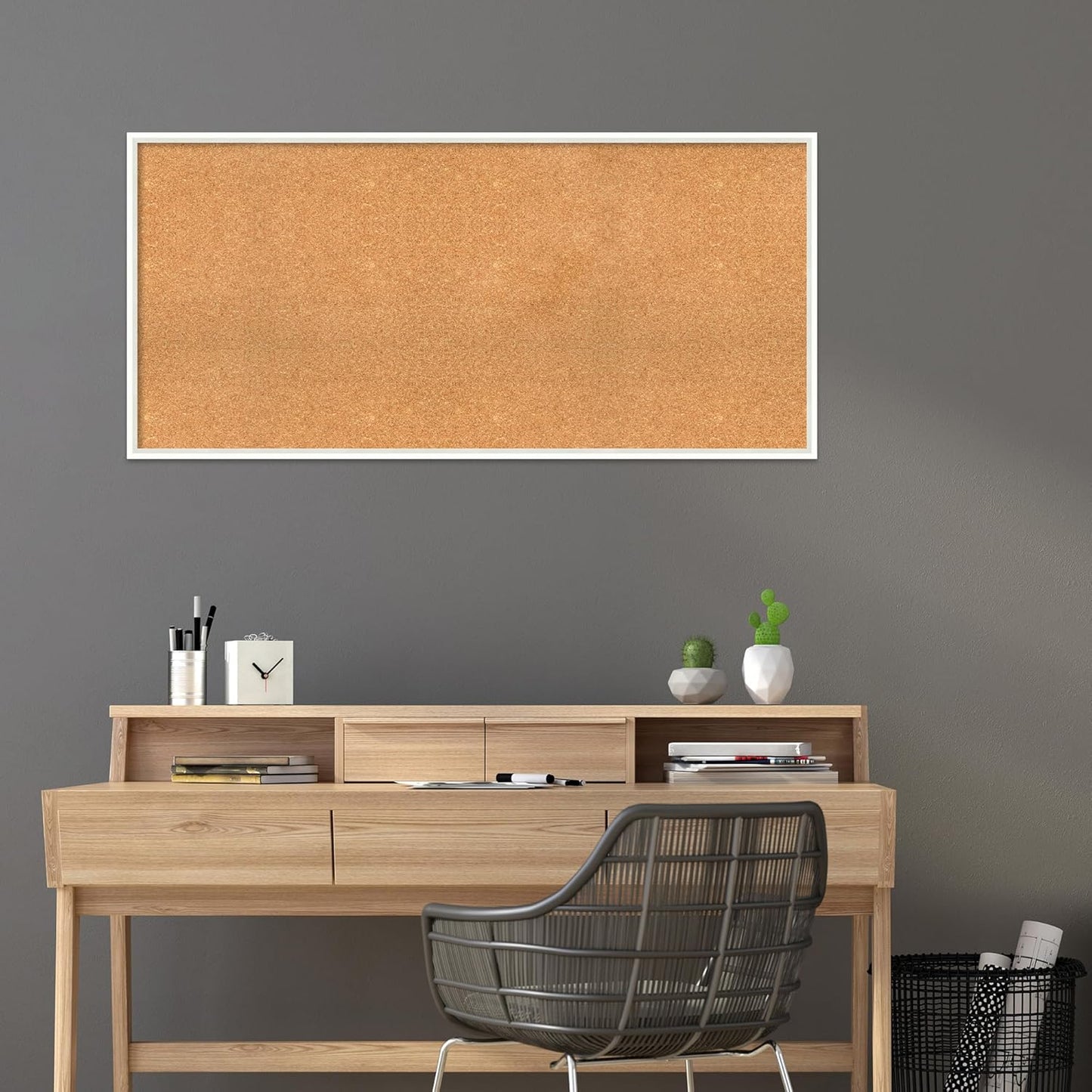 Amanti Art Natural Cork Board for Wall, 25x53 Vision Board with White Frame, Oversize Corkboard Office Decor for Home Organization, Modern Corkboard Pinboard to Display Items for Home Organization in