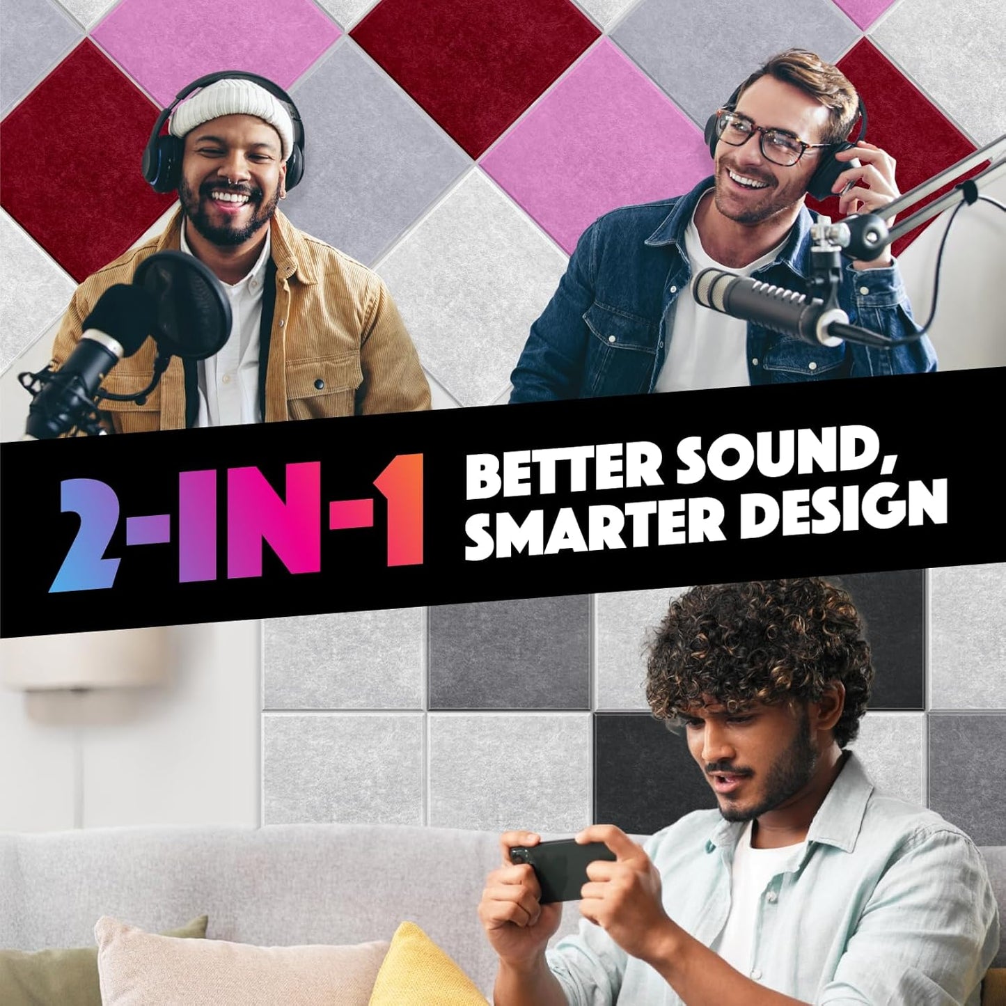 Sonic Acoustics 18-Pack Soundproof Wall Panels,Self-Adhesive Acoustic Panels,High-Density 12x12x0.4 Inch Sound Absorbing Wall Panels for Home, Office, Studio & Recording Rooms (White Square)