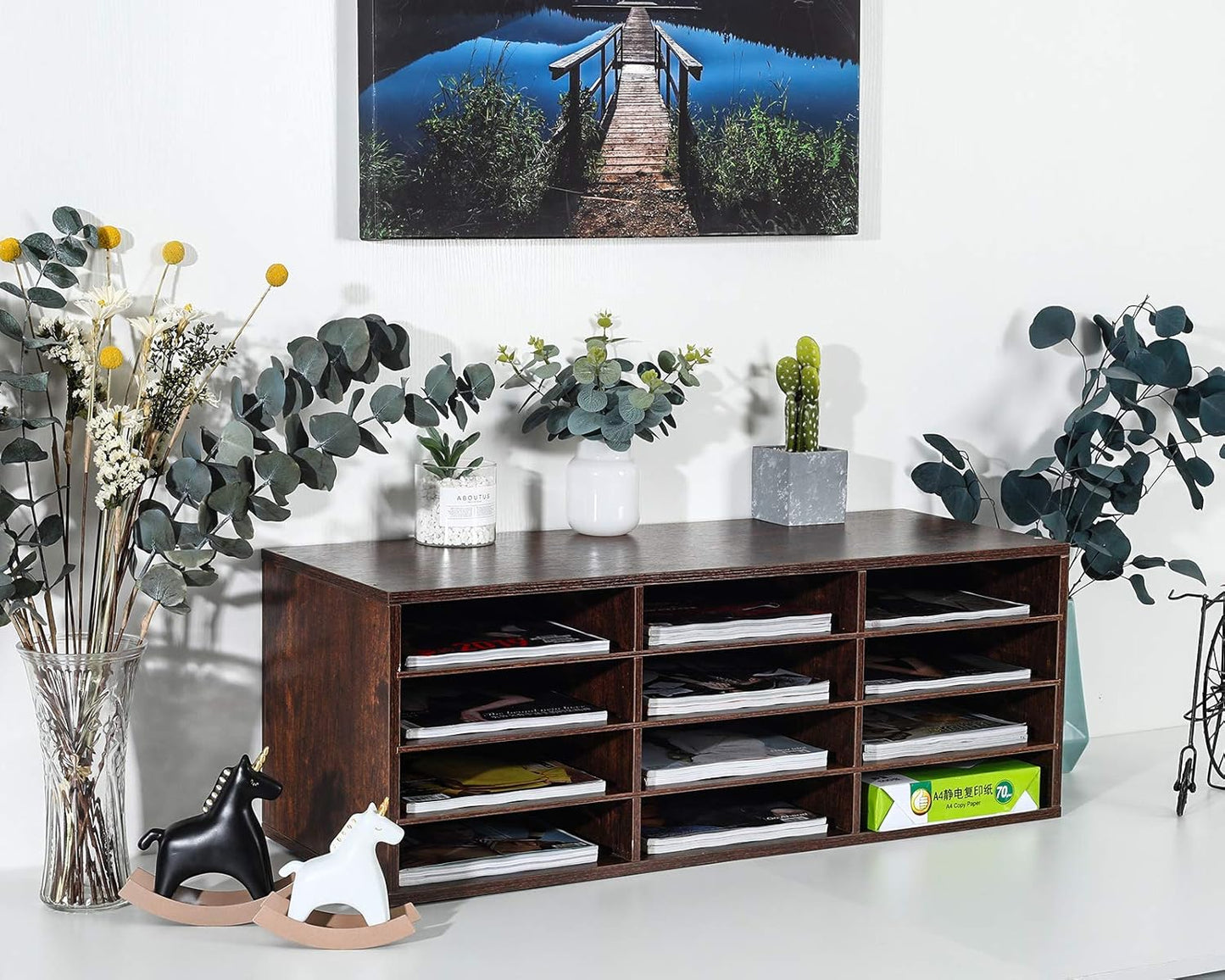 PAG Mail Sorter, Wood Countertop Literature Organizer, Student Mailbox for Classroom, Desktop Bill Paper Organizer for Office Home School, 12 Compartments, Brown