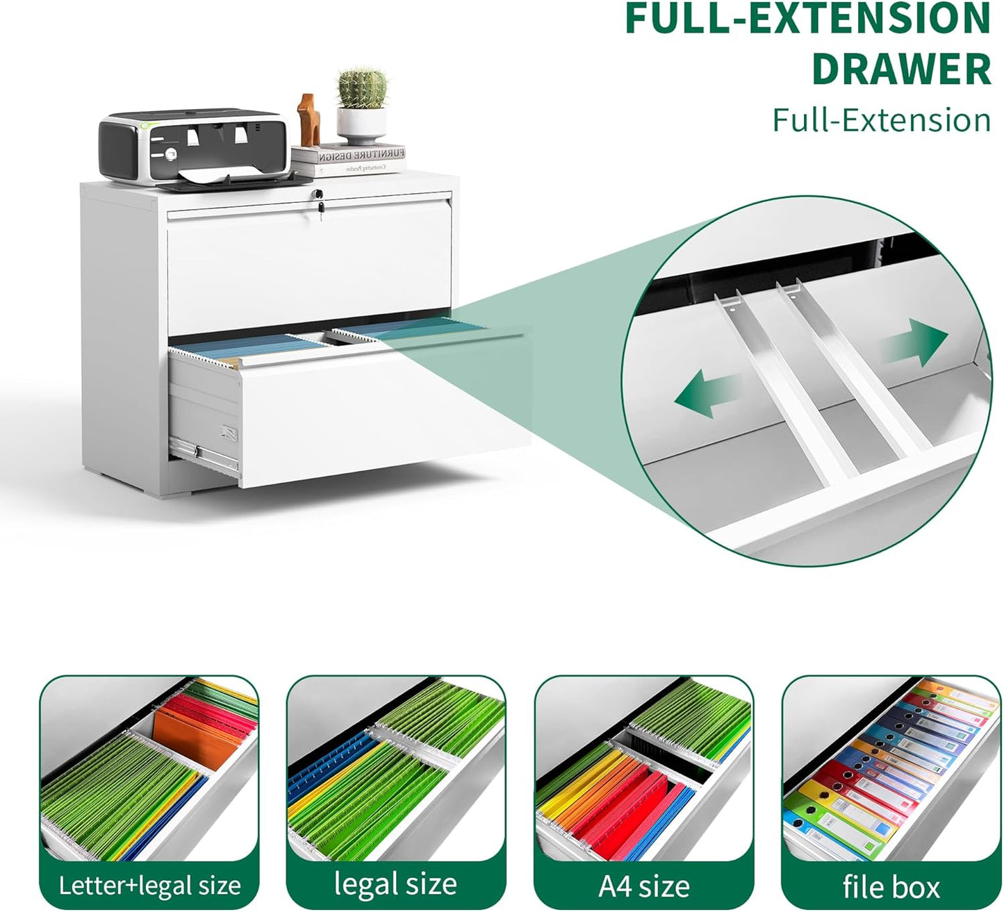 2 Drawer Lateral File Cabinet with Lock, Metal Filing Cabinets for Home Office, Steel Storage Wide File Cabinet for Letter/Legal/F4/A4 Size with Hanging Bars, Assembly Required (White)