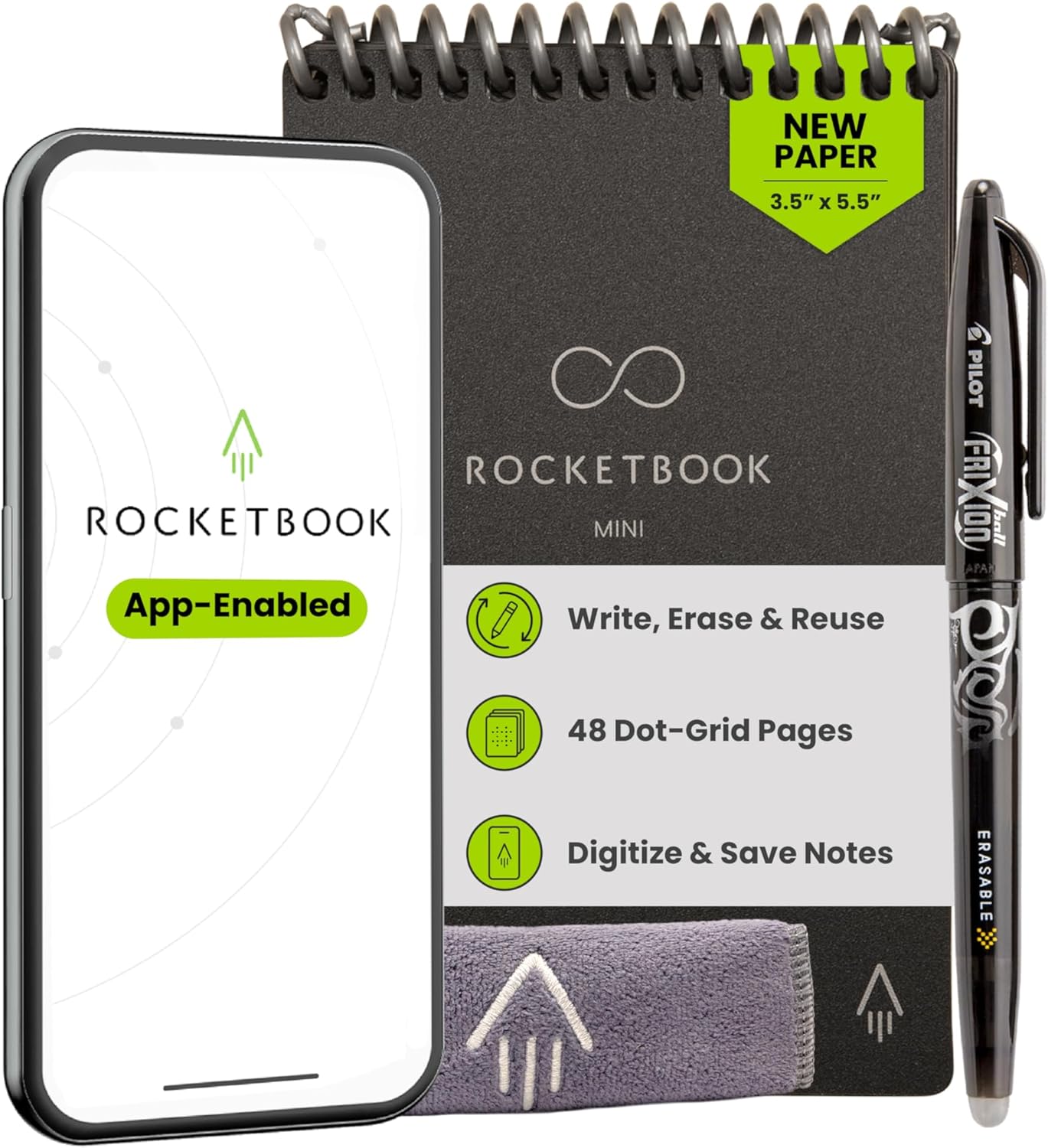 Rocketbook New Mini Reusable Smart Notepad, Pocket Size Notebook 3.5x5.5, Black - Dotted Pages, App-Connected, Erasable, Ideal for On-The-Go List Taking & Quick Notes Anywhere