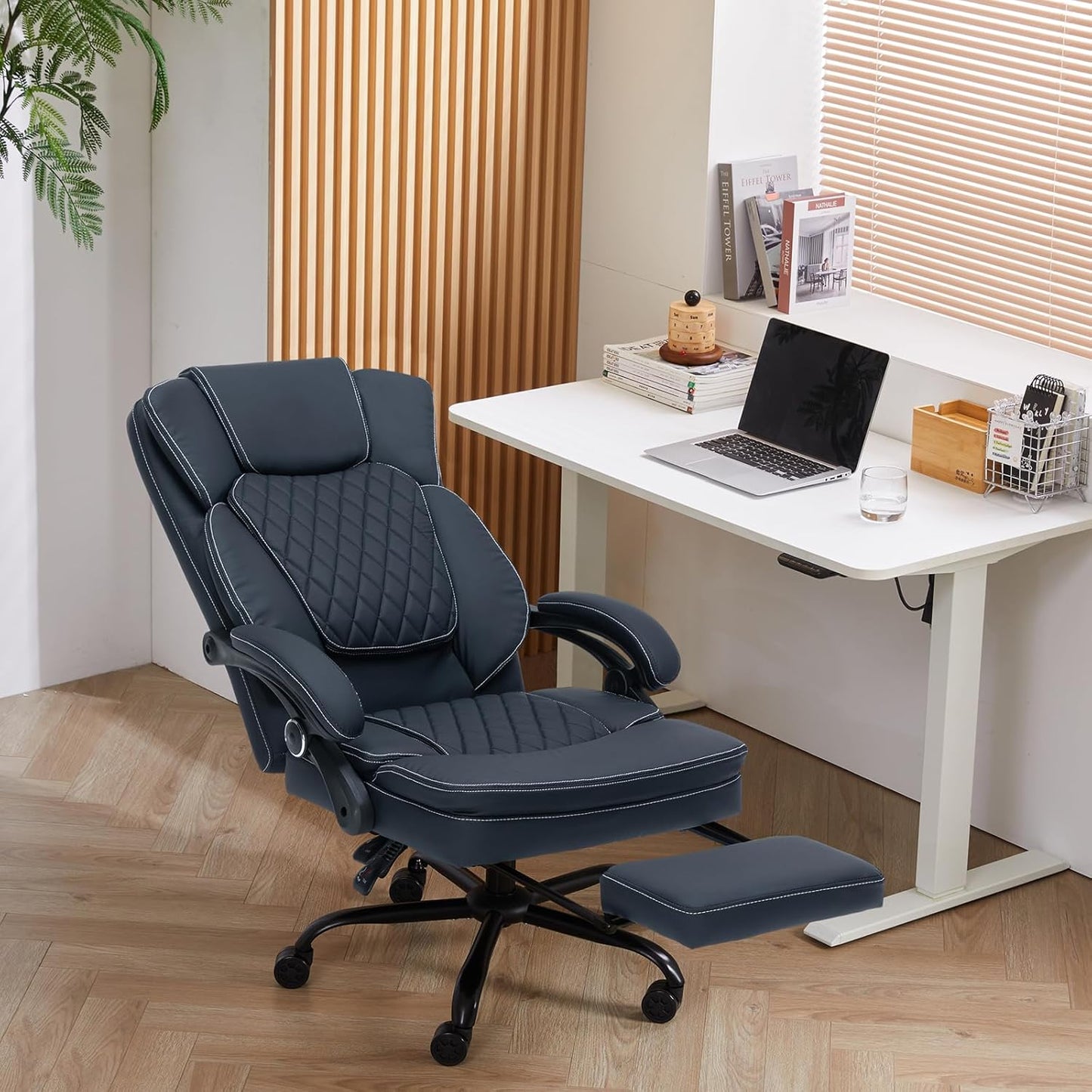 Ergonomic Office Chair with Foot Rest, Executive Chair with Footrest PU Leather Computer Chair, Big and Tall Chair Reclining Desk Chair, Thick Padded Coil Spring Seat, 400 lbs Capacity (Black)