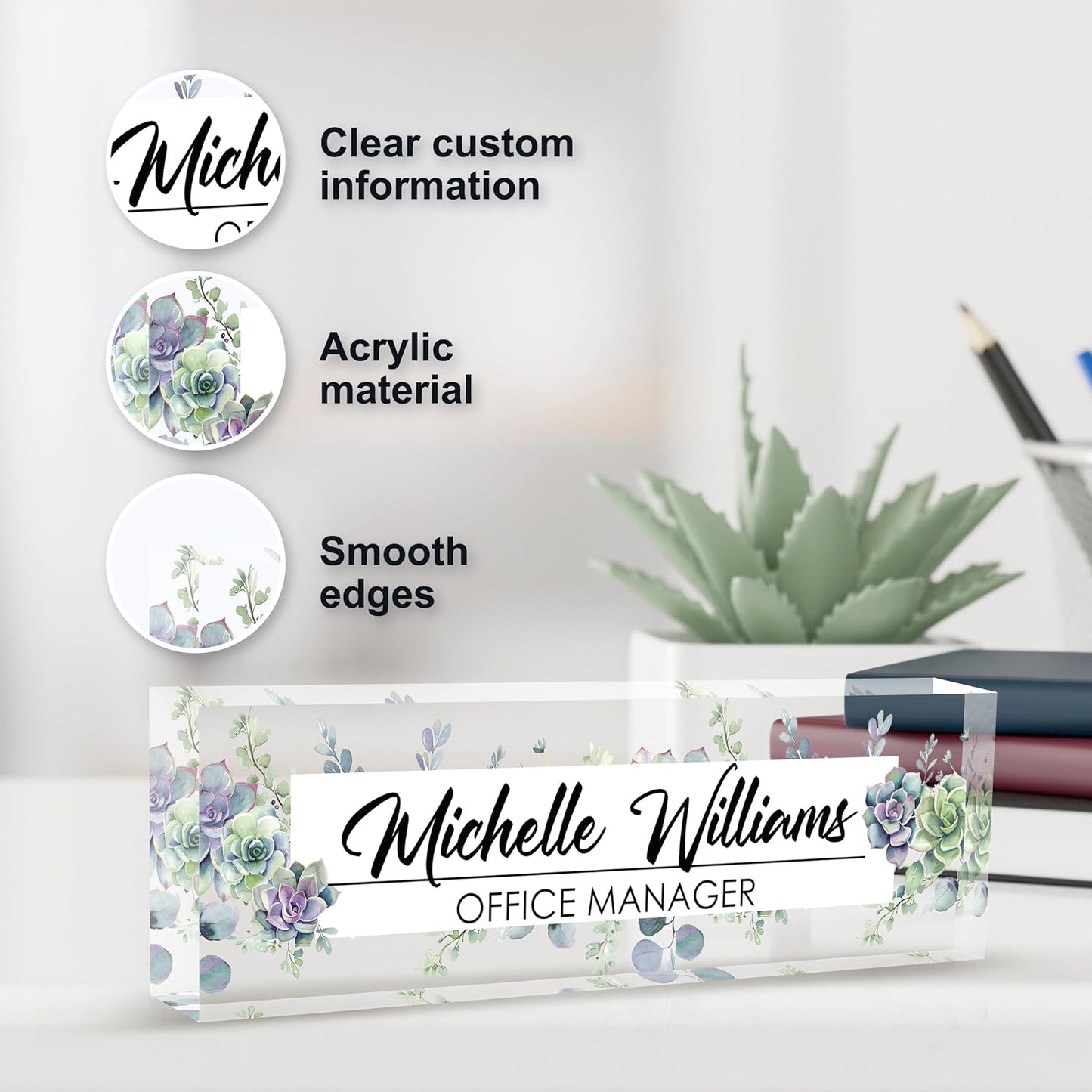 Personalized Name Plate for Desk, Custom Desk Name Plate, Acrylic Name Plate Office Desk Accessories, Personalized Office Gifts for Coworkers Teachers, Employee Appreciation Gifts (A-Never Wither)