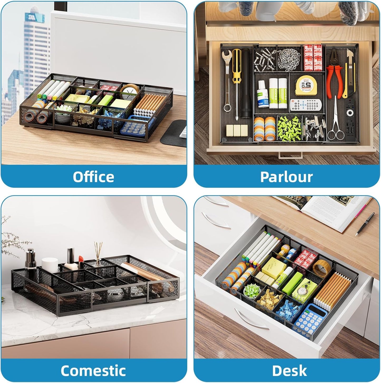 Marbrasse Expandable Desk Drawer Organizer, Mesh Drawer Organizer Tray with 10 Adjustable Compartments, Desk Organizers and Accessories, 5 Dividers Drawer for Office Supplies, Makeup & Vanity (Black)