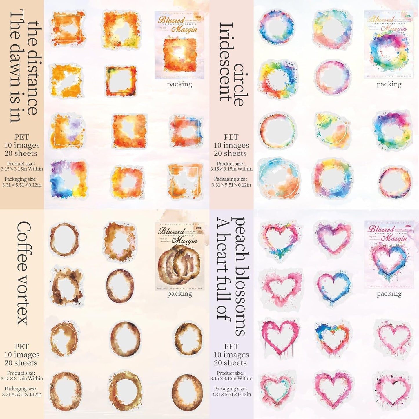 120 Pieces Creative Colors Frame PET Scrapbook Stickers, 6 Pack Aesthetic Background Window Frames Decorative Stickers for Journals, Crafting, Art Projects, Phone Case, Journal Album Decoration