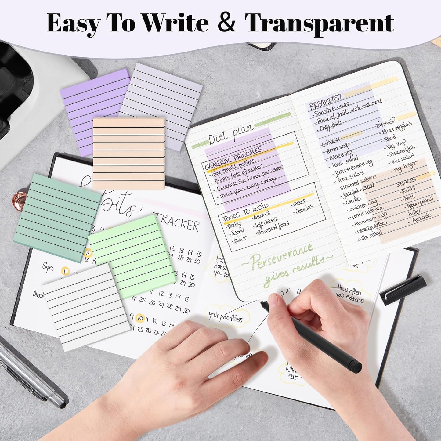 3x3 Inch Transparent Sticky Notes 300 Sheets, Clear Translucent Lined Self-Adhesive Memo See Through Reminder Pad for Office School Students Planners Journals Bible Supplies (Dark Morandi)