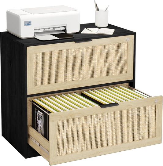 HOPUBUY 2 Drawer File Cabinet with Lock, Printer Stand Lateral Filing Cabinets for Home Office and School, Wood Rattan File Cabinet for Hanging Files/Letter/Legal/A4/F4 Size, Black