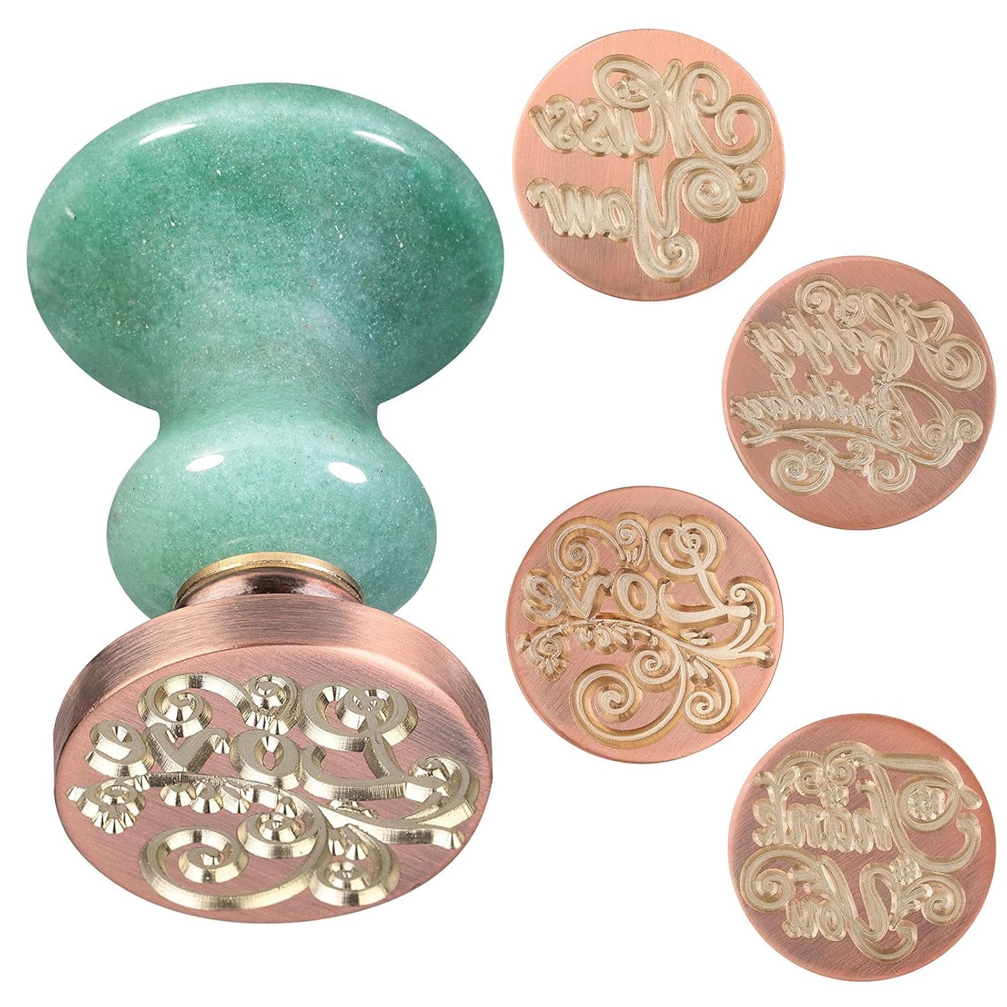 rockcloud Wax Seal Stamp Set, 4 Pieces Sealing Wax Stamps Copper Seals with 1 Green Aventurine Seal Handle for Cards Envelopes Invitation Decoration, Love Expressiont