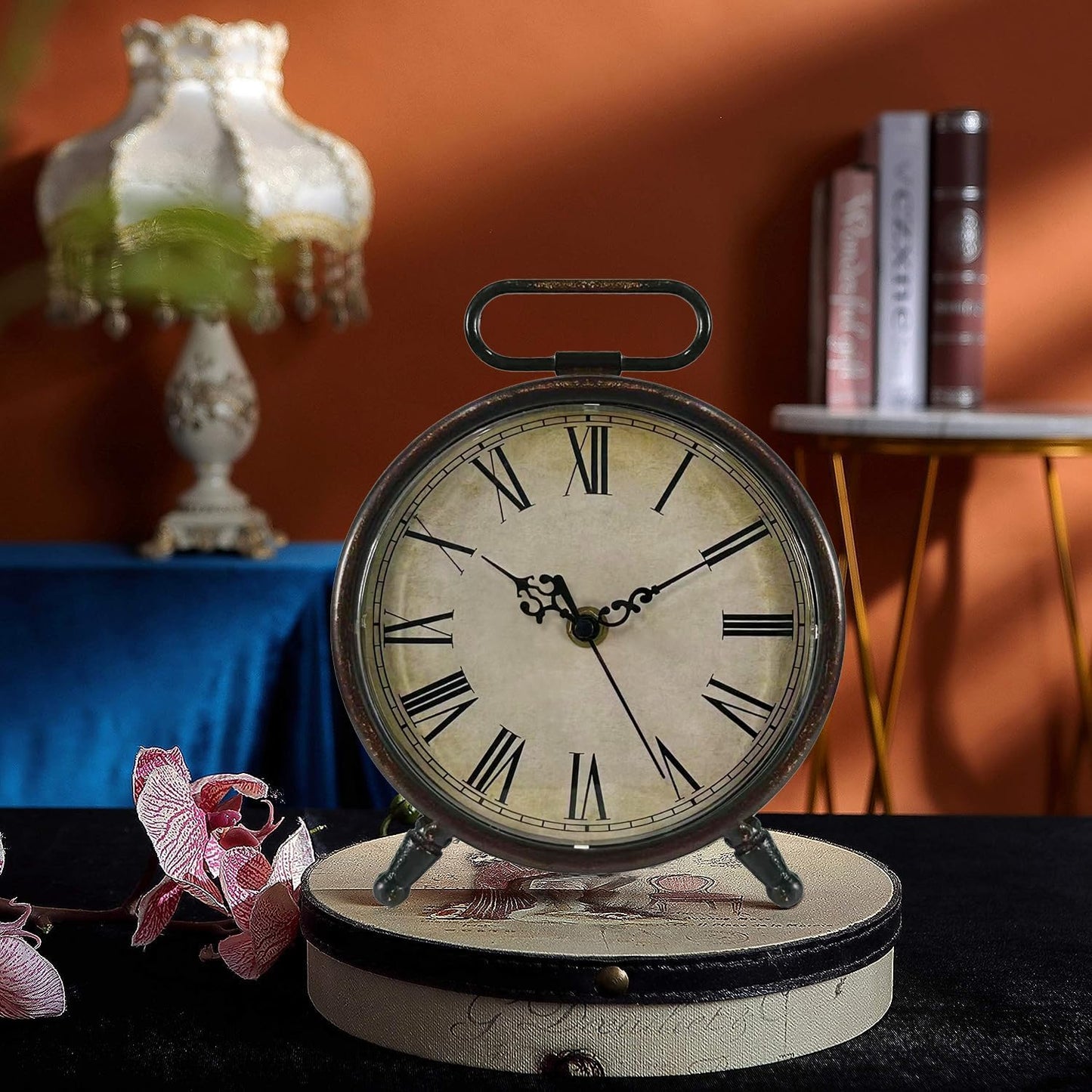 Vintage Desk Clock, 8 Inches Silent Non-Ticking Battery Operated Metal Table Top Clock for Bedroom, Living Room, Office, Shelf Decor (Brown)