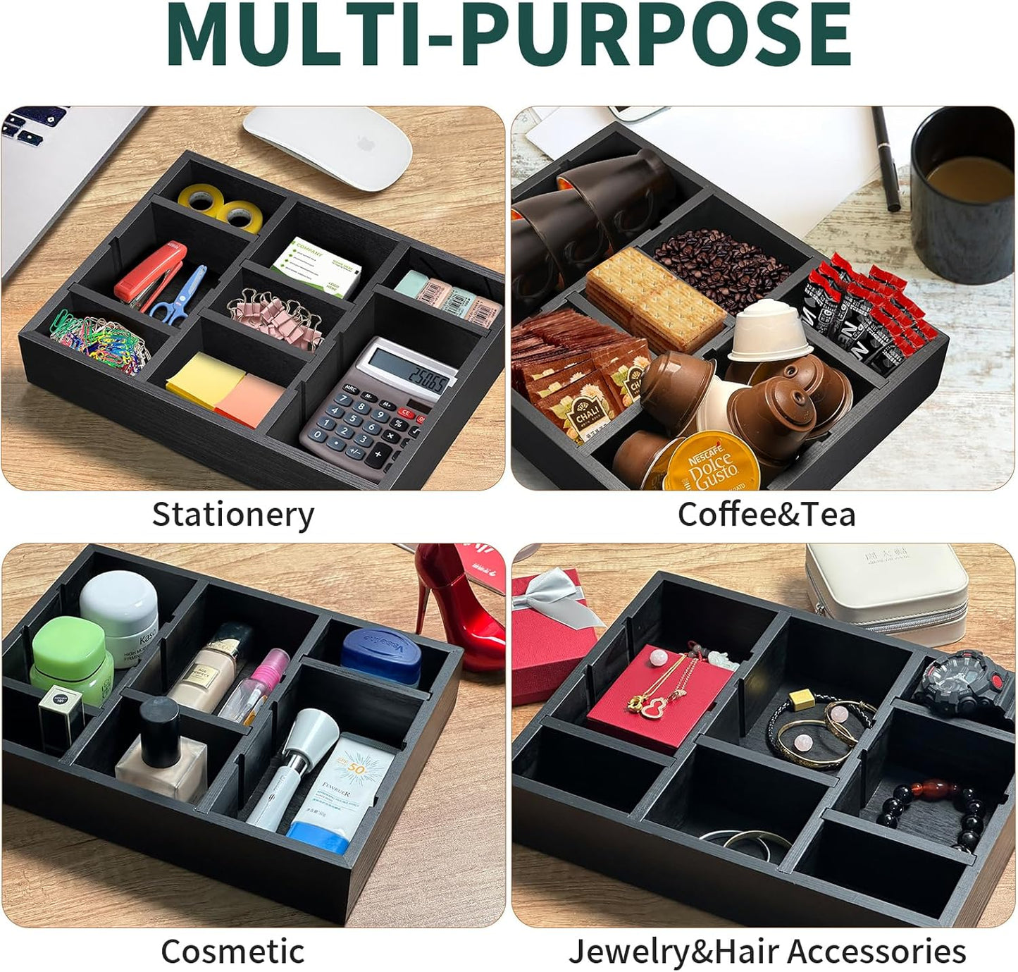 Desk Drawer Organizer Tray with 9 Adjustable Compartments, Wooden Office Desk Accessories Supplies Organization Storage for Desktop Bathroom Vanity Makeup Black