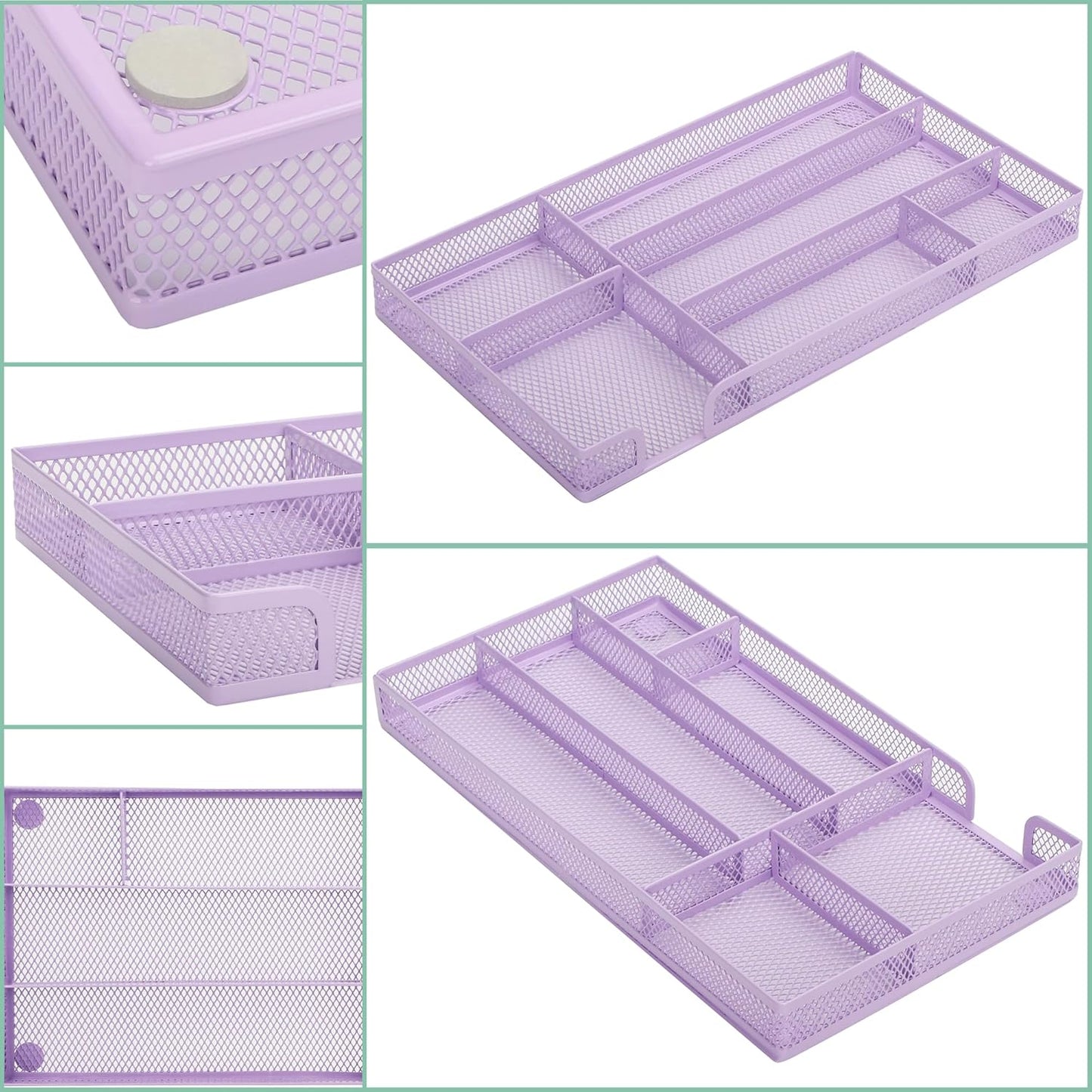 Annova Desk Drawer Organizer/Storage Tray - Metal Mesh with Dividers for Pens, Desktop Accessories, Bathroom, Kitchen, Makeup and Office Supplies (Small, Light Purple)