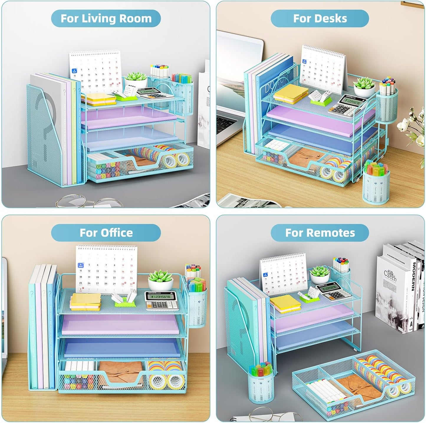 Marbrasse Desk Organizer and Accessories，4-Tier Paper Letter Tray Organizer with File Holder, Desk Accessories & Workspace Organizers with Drawer and 2 Pen Holder (Blue, 15.4" x 9.1" x 8.3")