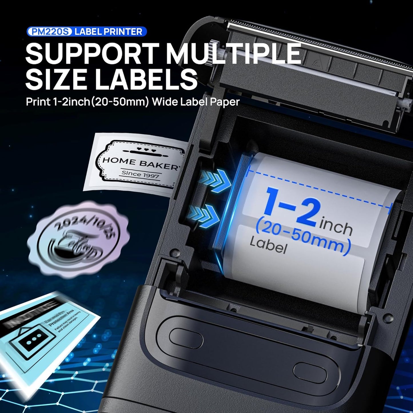 PM220S Label Maker Machine with Tape, 2 Inch Bluethooth Portable Thermal Label Printer for Small Business, Office, Home, Sticker Printer for Phone and PC, Black