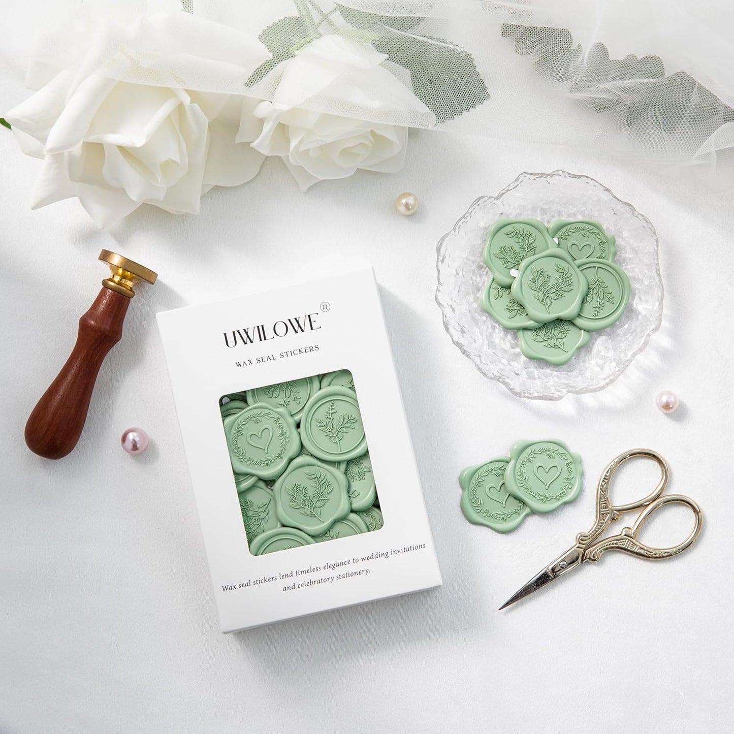 60 Pcs Sage Green Wax Seal Stickers Self-Adhesive Envelope Seals Stamp Stickers, Perfect for Wedding Invitations Seating Chart Christmas Gift Wrapping 3 Designs in 1 Pack