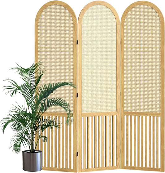 3-Panel Hand-Woven Rattan Room Divider, Tall Foldable Privacy Screen with Wooden Frame - Freestanding Portable Partition for Home Office, Bedroom, Bathroom(Natural-Pine)