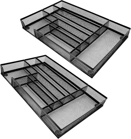 New Desk Drawer Organizer Metal Mesh Drawer Organizer Tray for Office School or Home Supplies Desktop Storage Stationery, 6 Compartments, 12.6 x 8.27 x 1.57 inch，Black (2pc pack)