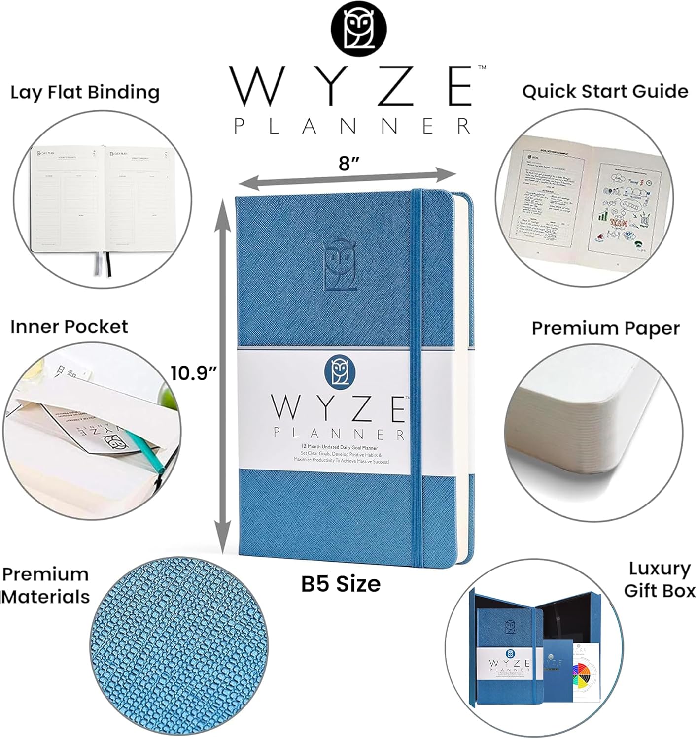 Undated Daily Planner – 1-Year B5 Productivity Organizer with Two-Page Weekly Spread, Goal Setting, Habit Tracker, Weekly & Monthly Pages – Hardcover Time Management Notebook (Blue)