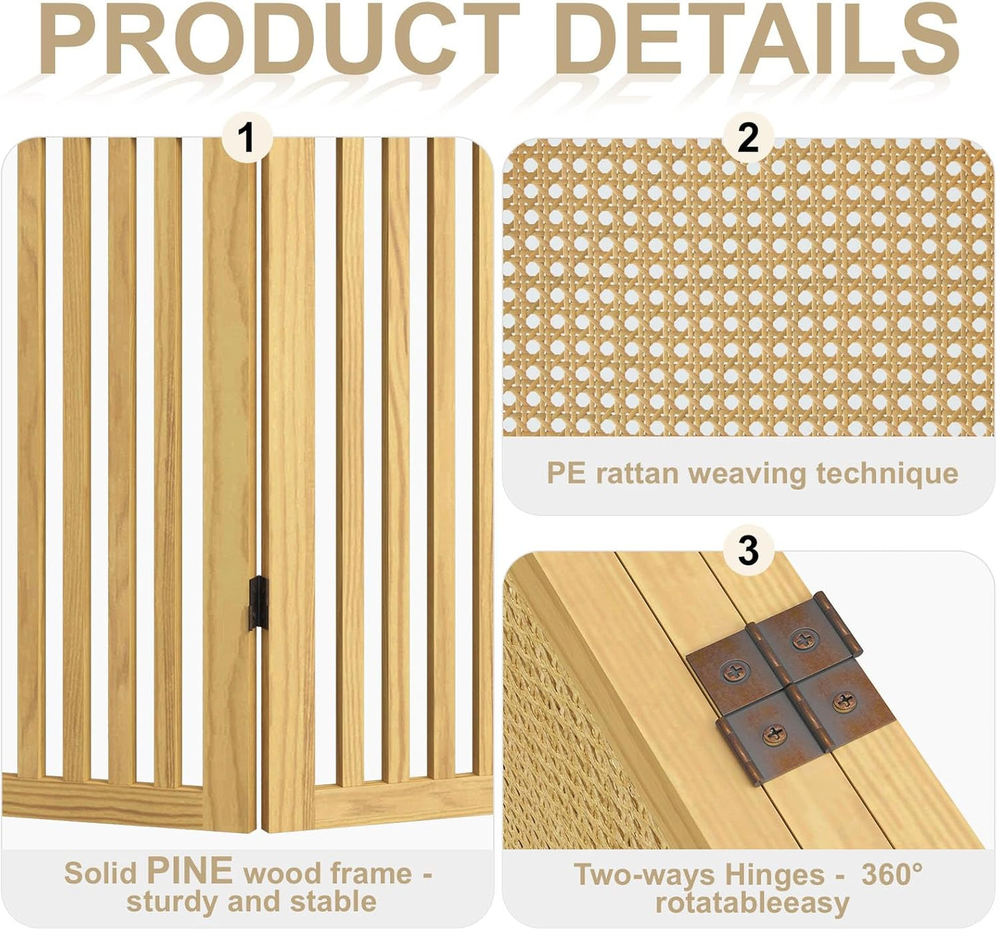 3-Panel Hand-Woven Rattan Room Divider, Tall Foldable Privacy Screen with Wooden Frame - Freestanding Portable Partition for Home Office, Bedroom, Bathroom(Natural-Pine)