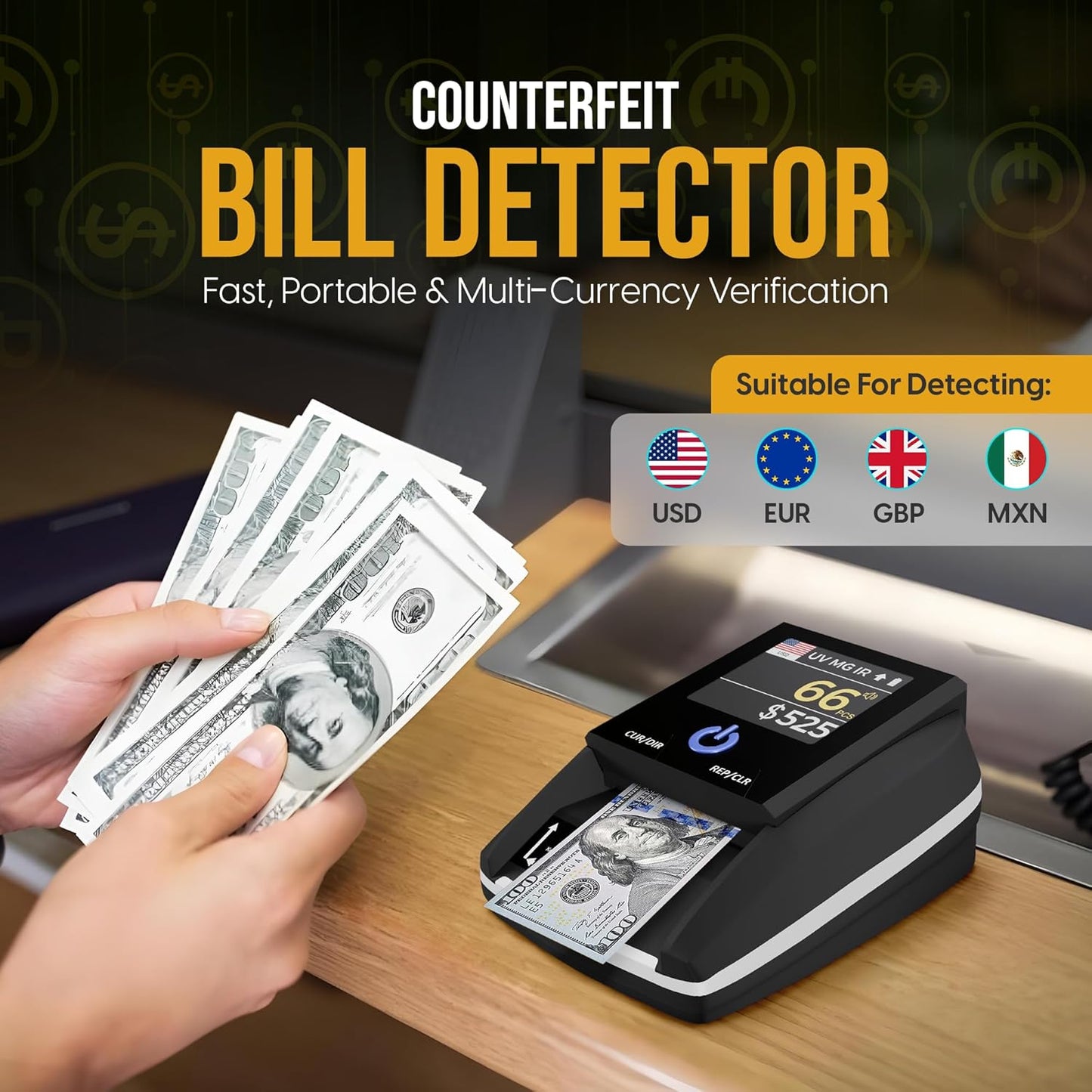 Counterfeit Bill Detector - Counterfeit Money Detector Machine PC278, 4-Way Detection - Money Checker Machine – LED Color Display, UV/MG/IR/Magnetic Rechargeable Fake Bill Detector