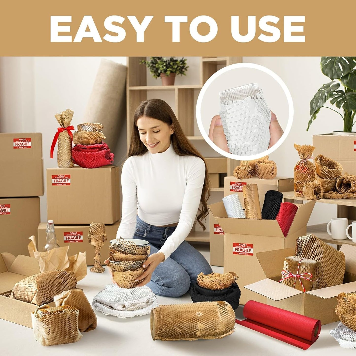 Honeycomb Packing Paper, 12"x300' White | Perforated Honeycomb Packing Paper Recyclable Moving Supplies for Shipping & Moving | Plastic-Free Alternative to Bubble Cushion Wrap with 36 Fragile Stickers