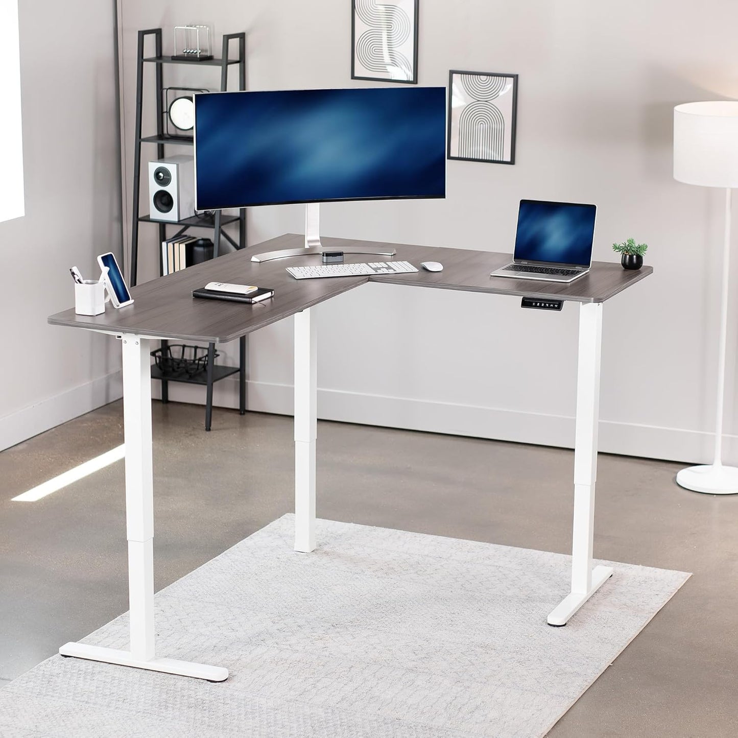VIVO Electric Corner L-Shaped 63 x 55 in Standing Desk, Memory Height Adjustment, Dark Gray Top White Frame, DESK-E3CTWG