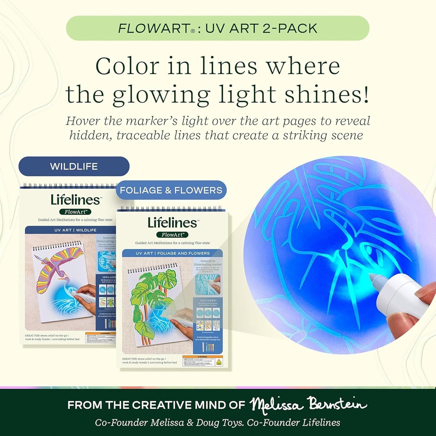 Lifelines FlowArt Activity Pad, UV Art 2-Pack - Guided Art Meditations with Illuminating Marker - Color by UV Light Coloring Books for Teens, Adults & Seniors
