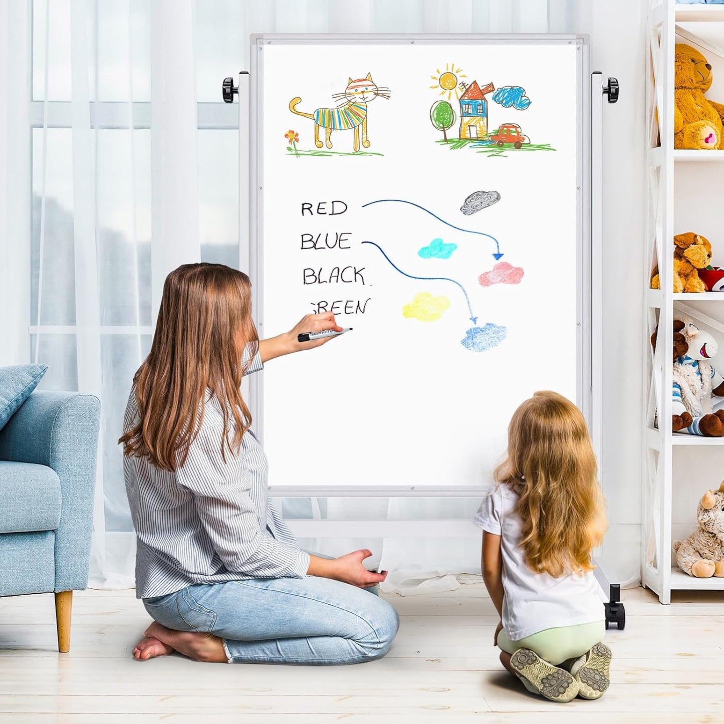 maxtek Rolling White Board, 44 x 28 Height Adjustable Whiteboard on Wheels, Large Magnetic Standing Mobile Easel Board, Double-Sided with Stand for Office, Home, and Classroom