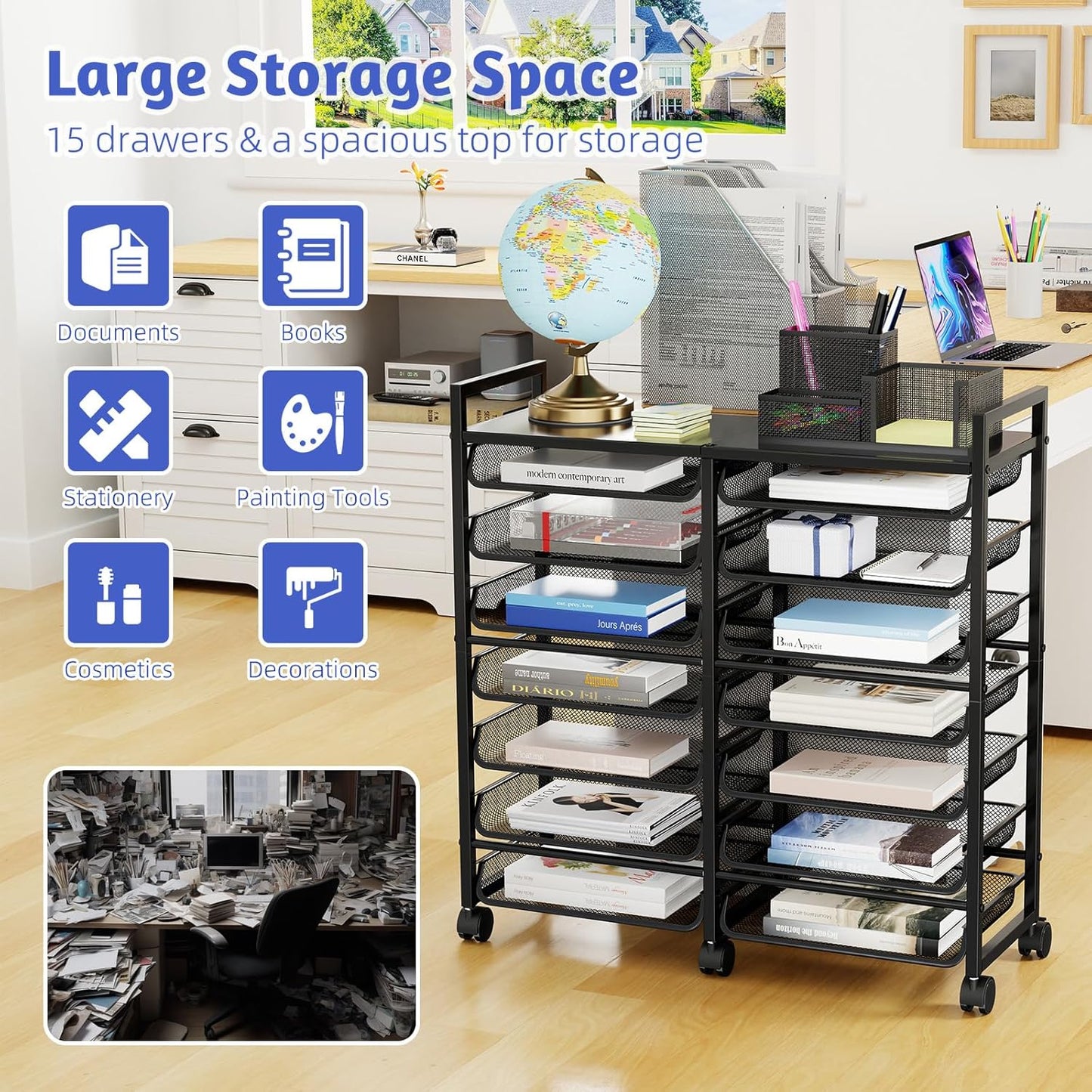 Simple Trending Rolling File Storage Cart, 15-Tier Metal Desk File Organizer with 14 Mesh Sliding Trays, Multi-Functional Clutter Cart for Office Home School, Black