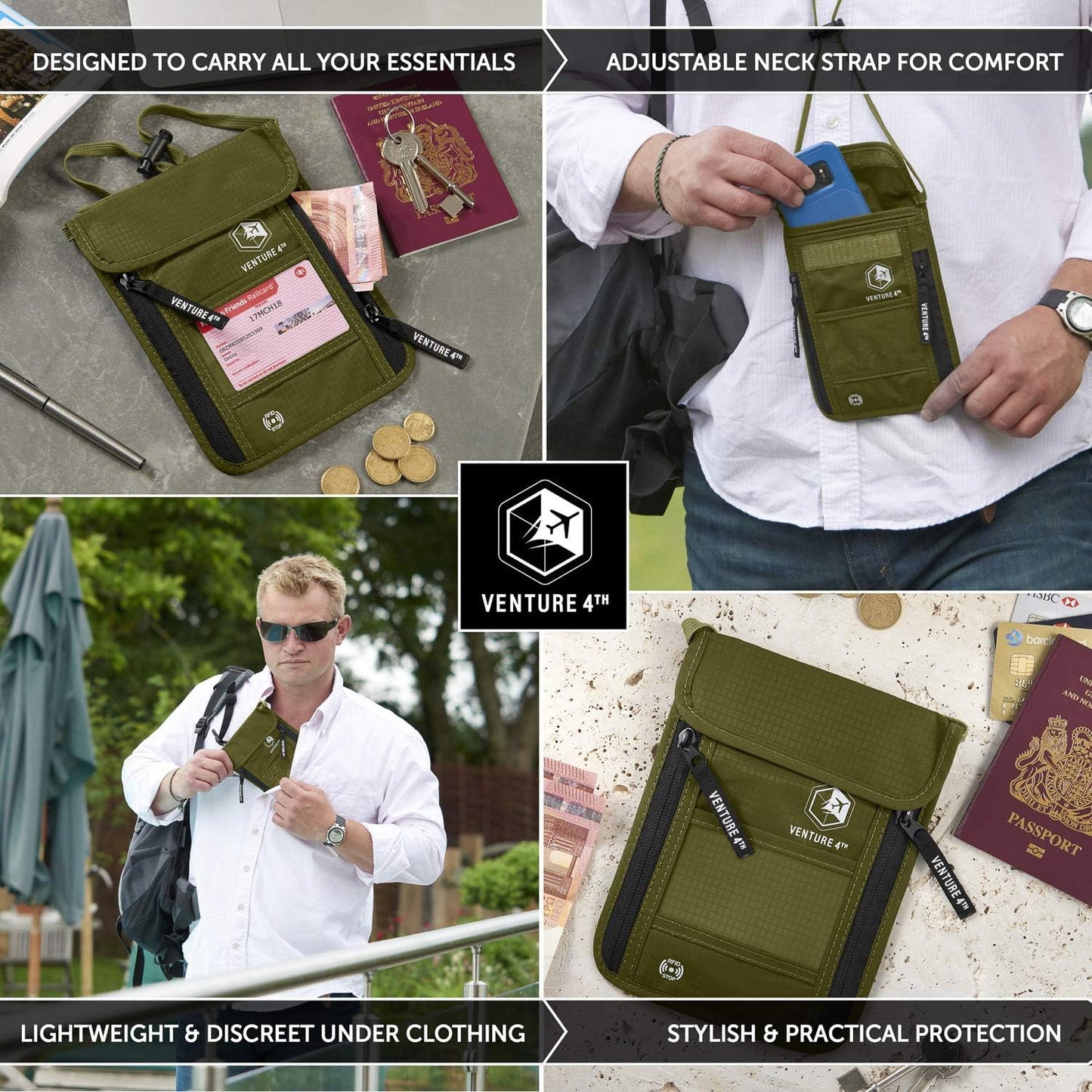 VENTURE 4TH Passport Holder Neck Wallet with RFID Blocking Nylon Lining - Hidden Neck Pouch for Travel (Green)