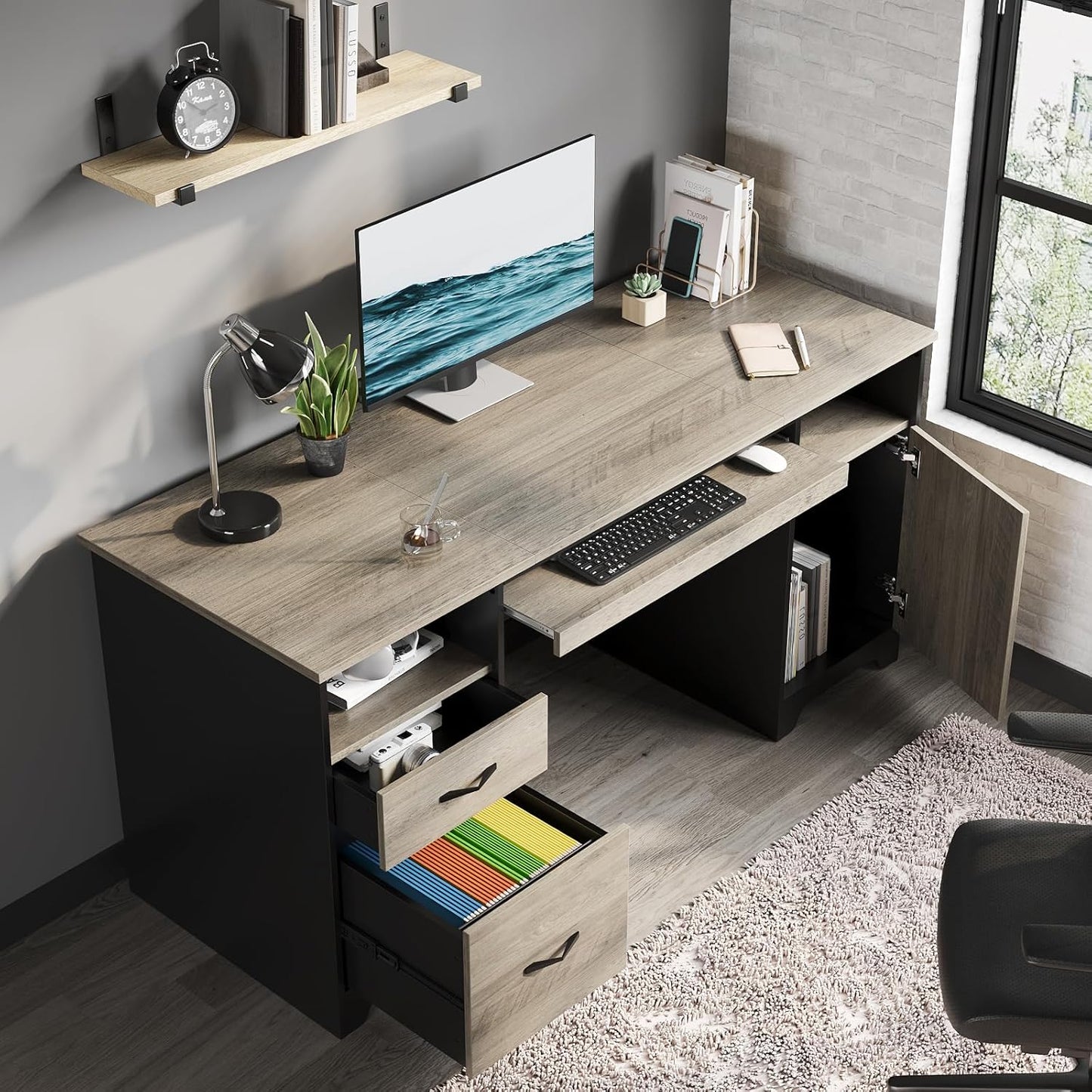 Bestier 59” Executive Desk with 2 Drawers, Computer Desk with Storage Cabinet, Industrial Wood Desk with File Drawer, Keyboard Tray & 2 Pedestals for Home Office & Studio, Gray
