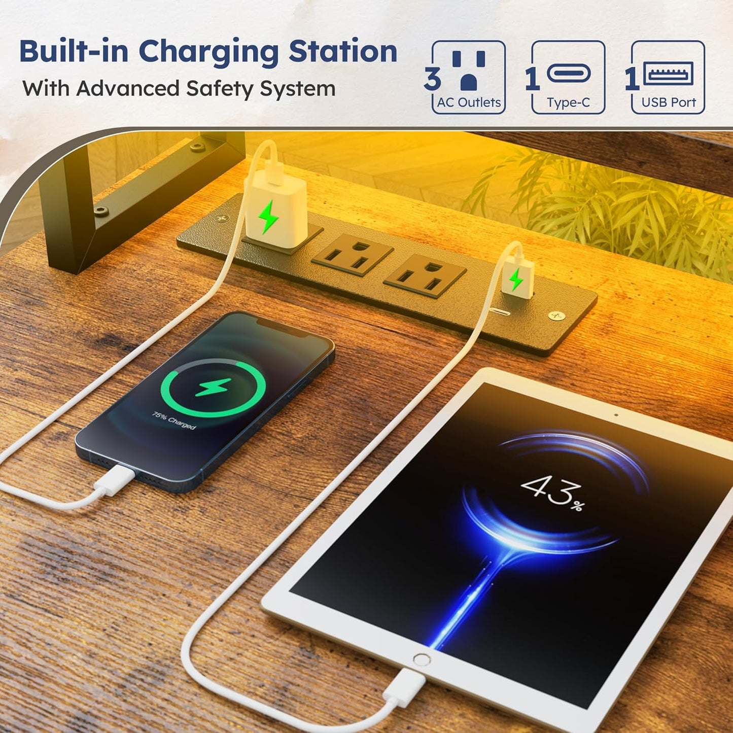 L Shaped Computer Desk with Drawers, Gaming Desk with LED Lights & Monitor Shelf, Office Desks with Power Outlets, Corner Desks for Home Office, Study Room and Bedroom, Rustic Brown