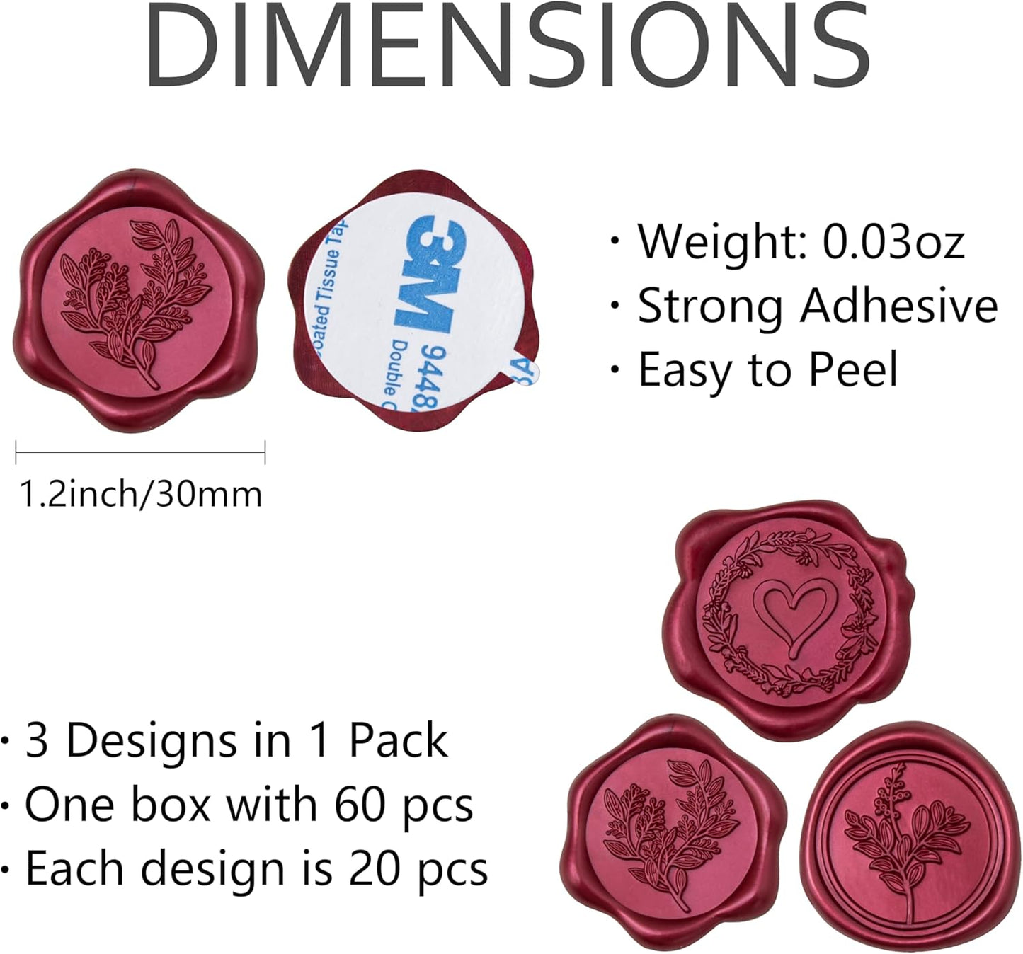 60 Pcs Burgundy Wax Seal Stickers Self-Adhesive Envelope Seals Stamp Stickers, Perfect for Wedding Invitations Seating Chart Christmas Gift Wrapping 3 Designs in 1 Pack