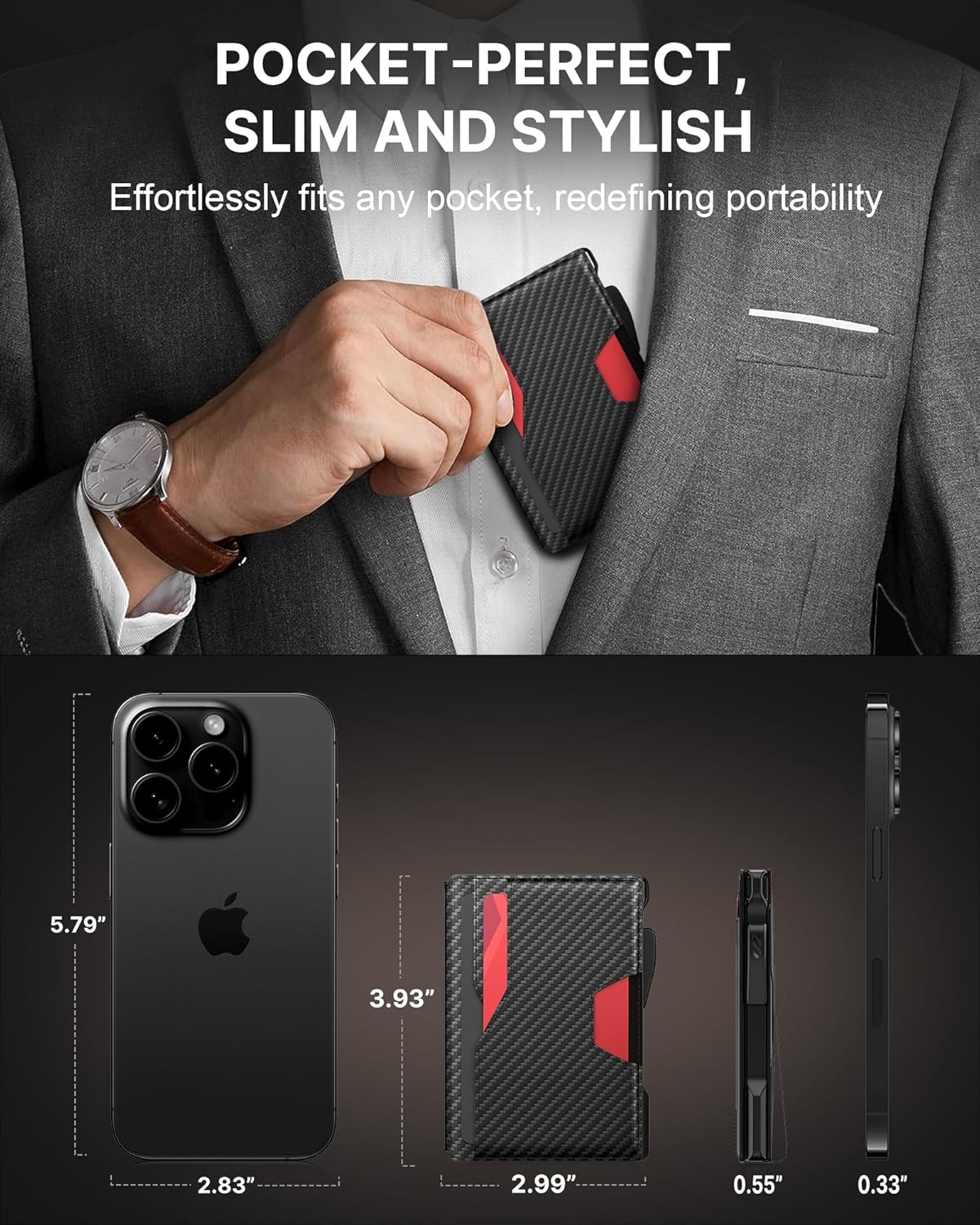 typecase Wallet for Men: Rfid-blocking with Money Clip Slim Leather Bifold ID Window Smart Pop Up Card Case Front Pocket Wallet with Gift Box (Carbon Fiber Black)