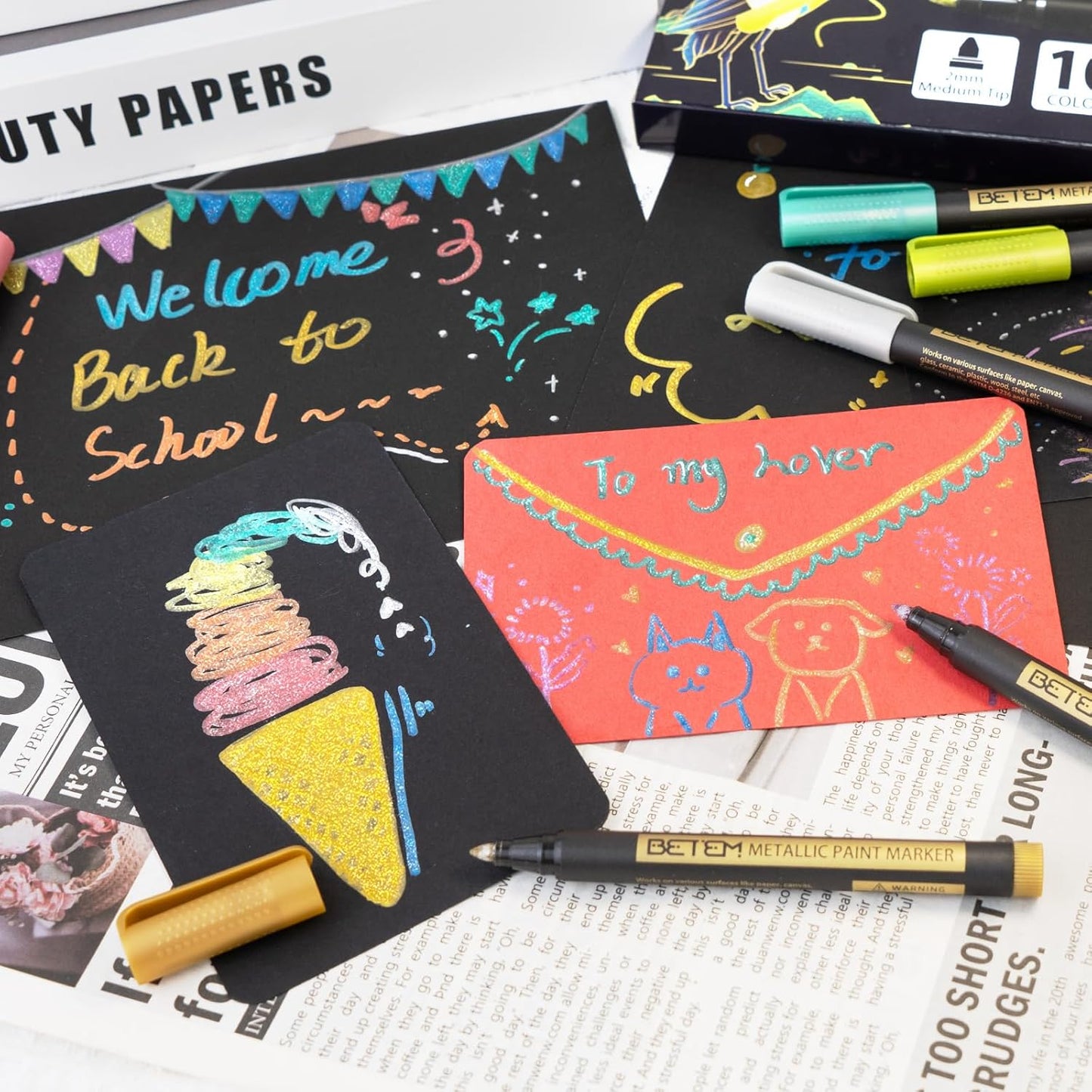 Betem Metallic Paint Markers, 10 Colors Acrylic Paint Markers for Black Paper, 2mm Medium Tips Metallic Glitter Pens for Scrapbooking, Rock Painting, Greeting Cards, Photo Albums, DIY Art Crafts