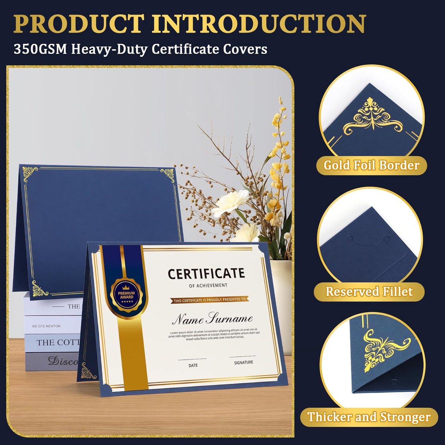 Ndsox 30 Packs Certificate Holders Navy Blue Diploma Covers Gold Foil Border - 350GSM Graduation Diploma Holders for Letter Size 8.5" x 11" Award Certificate Paper, Cardstock, Business Documents