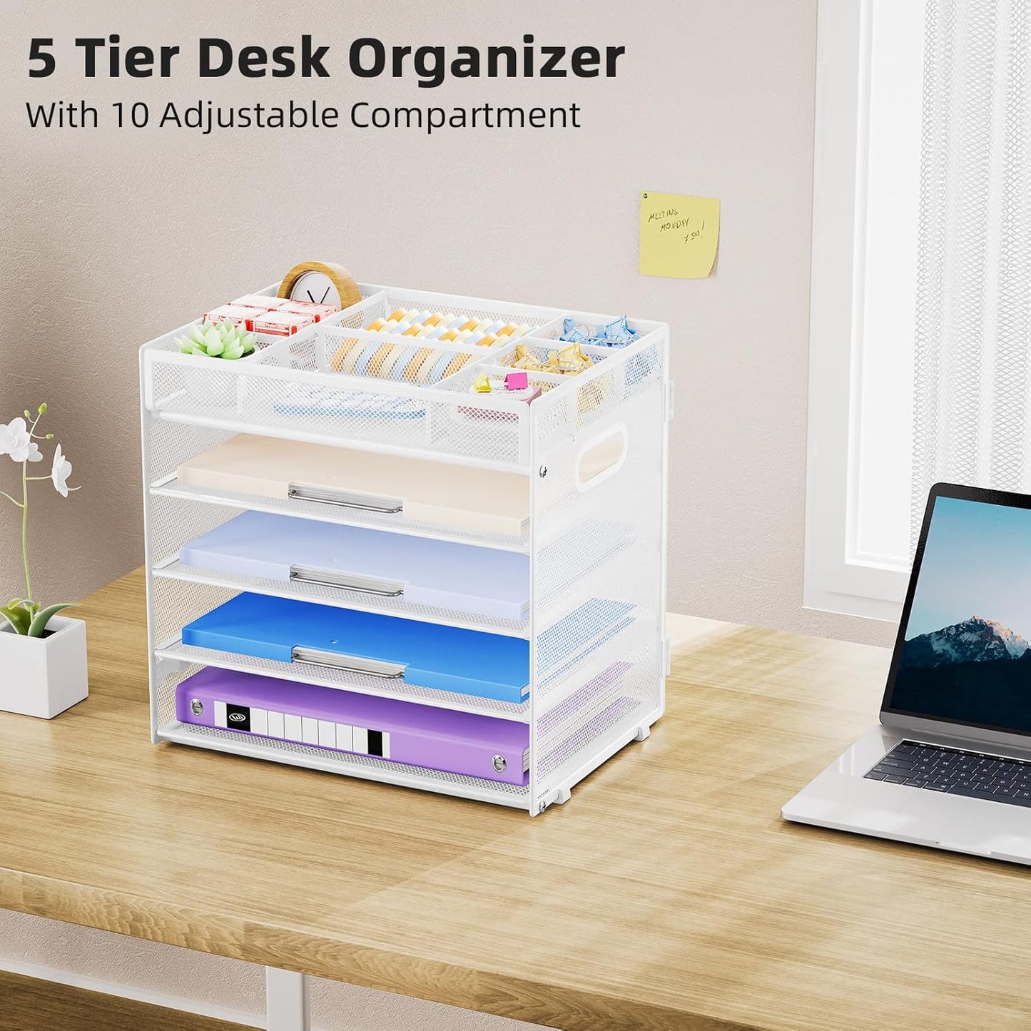 Marbrasse 5-Tier Letter Tray Paper Organizer with Handle, Multi-Functional Mesh File Organizer for Desk, Adjustable Compartments Mesh Desktop Storage for Office Supplies,White
