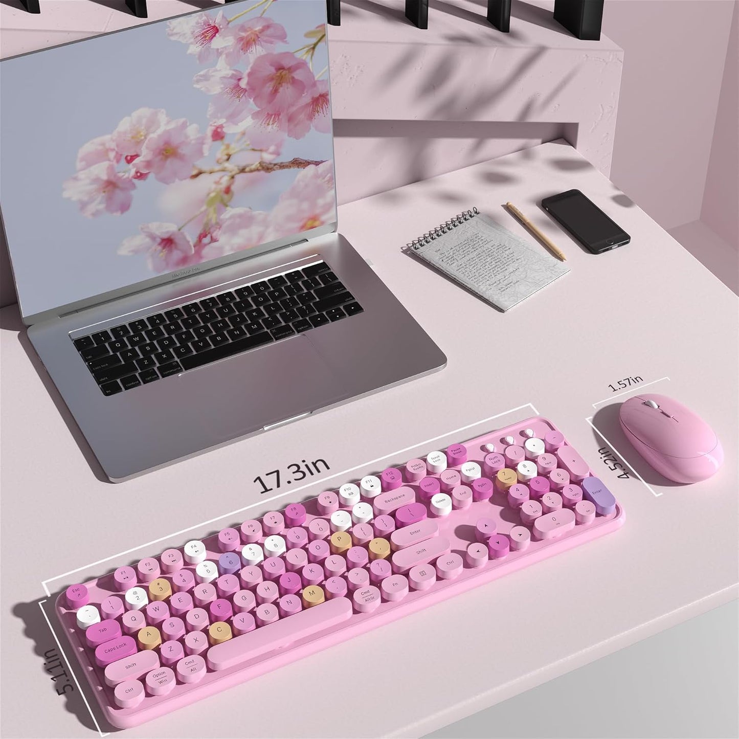 Colorful Wireless Keyboard and Mouse Combo, COVEVA 2.4GHz Wireless Retro Cute Round Keycaps Keyboard, 104 Keys Full-Sized Keyboard Mouse Set with Switch Button for PC Laptop Desktop (Pink Colorful)