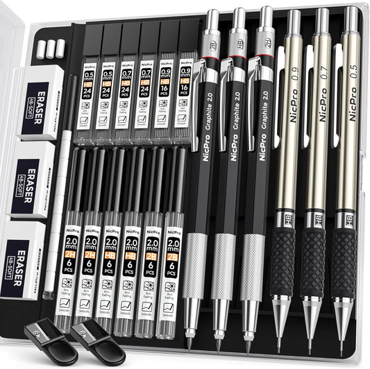 Nicpro 6PCS Art Mechanical Pencil Set, 3PCS Metal Drafting Pencil 0.5 mm & 0.7 mm & 0.9 mm & 3PCS 2mm Graphite Lead Holder (2B HB 2H) For Writing, Sketching Drawing With Lead Refills Case