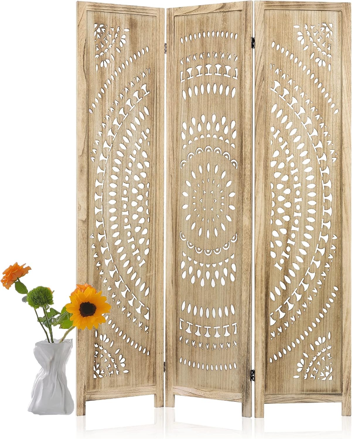 3 Panel Handcrafted Carved Room Divider Screen, 360° Adjustable Wood Folding Privacy Screens for Room Separation, 66.9 Inch Partition Room Dividers for Home Bedroom Office, Natural