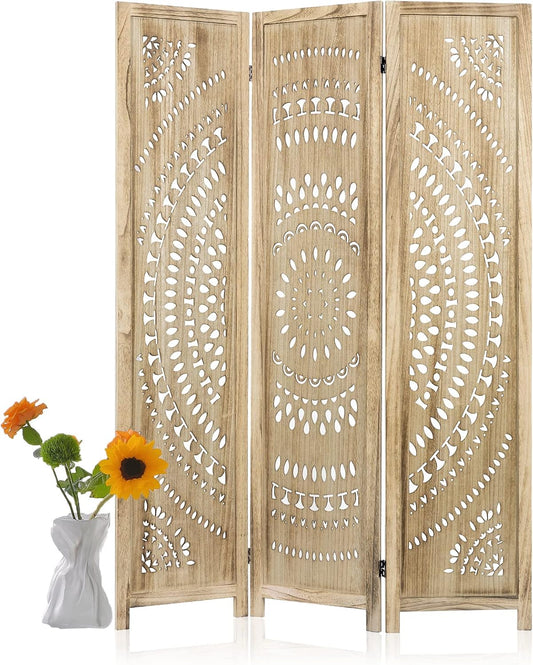 3 Panel Handcrafted Carved Room Divider Screen, 360° Adjustable Wood Folding Privacy Screens for Room Separation, 66.9 Inch Partition Room Dividers for Home Bedroom Office, Natural