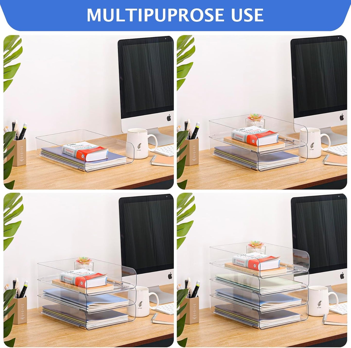 Set of 2 Desk Letter Tray, Office Organization and Storage, Clear PET Letter Tray Desk Organizer, Stackable Document Organizer for Notes, Pens, File Paper