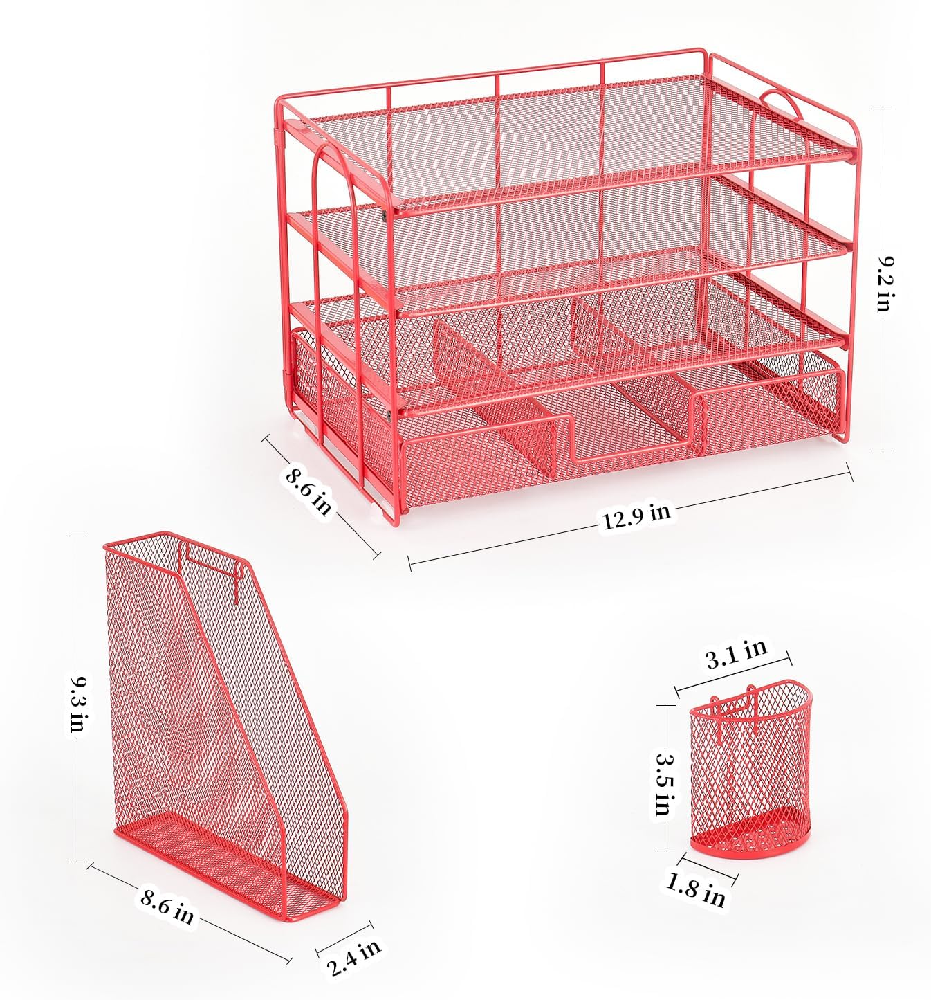 gianotter Paper Letter Tray Organizer with File Holder, 4-Tier Desk Accessories & Workspace Organizers with Drawer and 2 Pen Holder, Desk Organizers and Accessories for Office Supplies (Red)