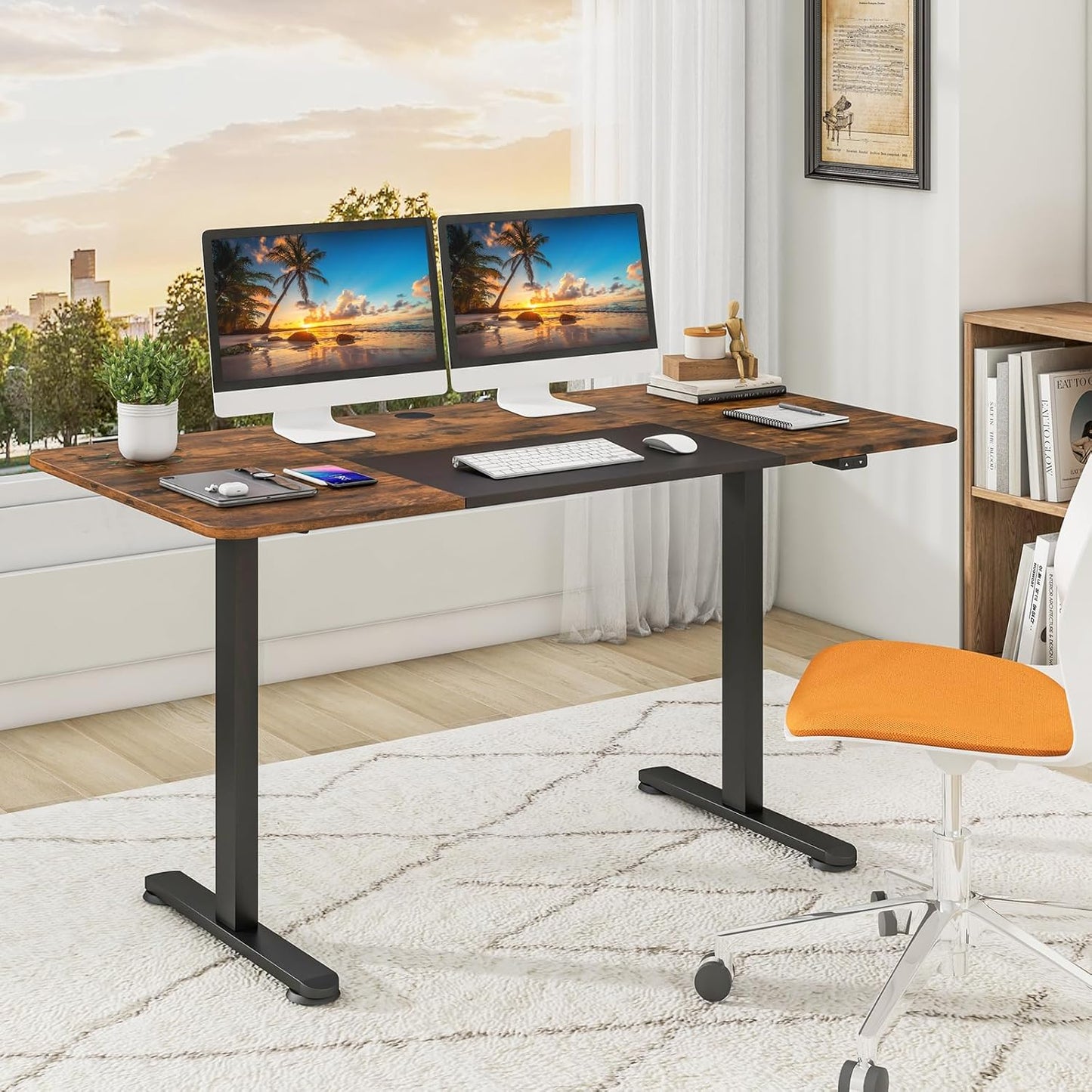 GOFLAME Height Adjustable Electric Standing Desk, 55 x 28 Inch Sit Stand Up Electric Desk with Metal Frame, Ergonomic Standing Workstation for Study, Office, Living Room, Brown