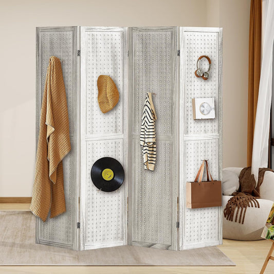 4 Panel Pegboard Display with 16 Hooks, Wooden Room Divider Wall and Folding Privacy Screens, Privacy Dividers for Rooms, Pegboard Room Divider, Jewelry Store, Retail Store, Bedroom, White