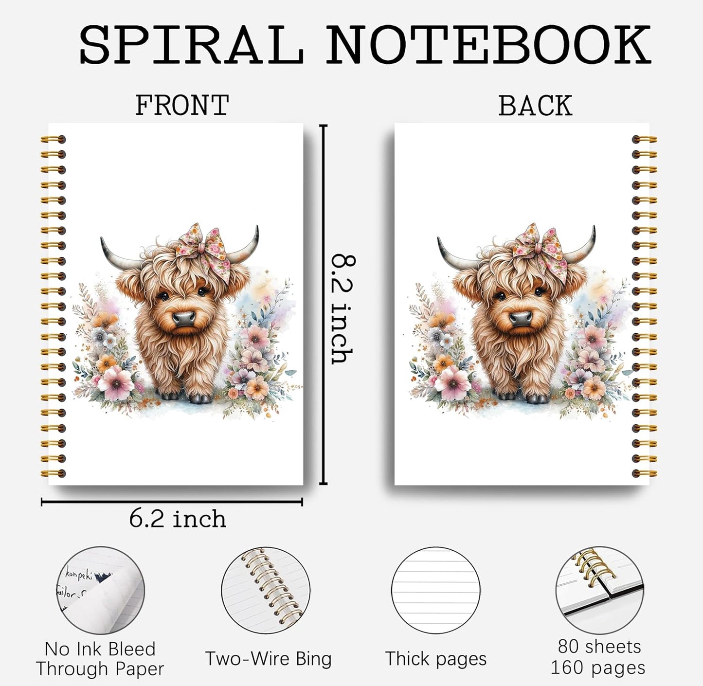 Floral Highland Cow Notebook - Western Notebook, Cow Notebook, Highland Cow Office Supplies, Highland Cow Gifts, Cute Highland Cow Stuff, Farmhouse Highland Cows Spiral Notebook 5.5x8.3