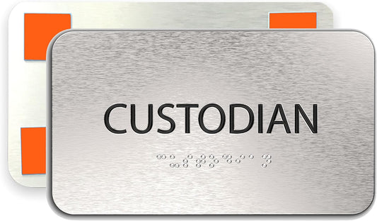 ADASigns Custodian Closet Sign 7" W x 4" H Durable Brushed Aluminum with Grade 2 Braille - Easy Installation with Adhesive Double Sided Tape - ADA Compliant Custodian Sign for Office & Businesses