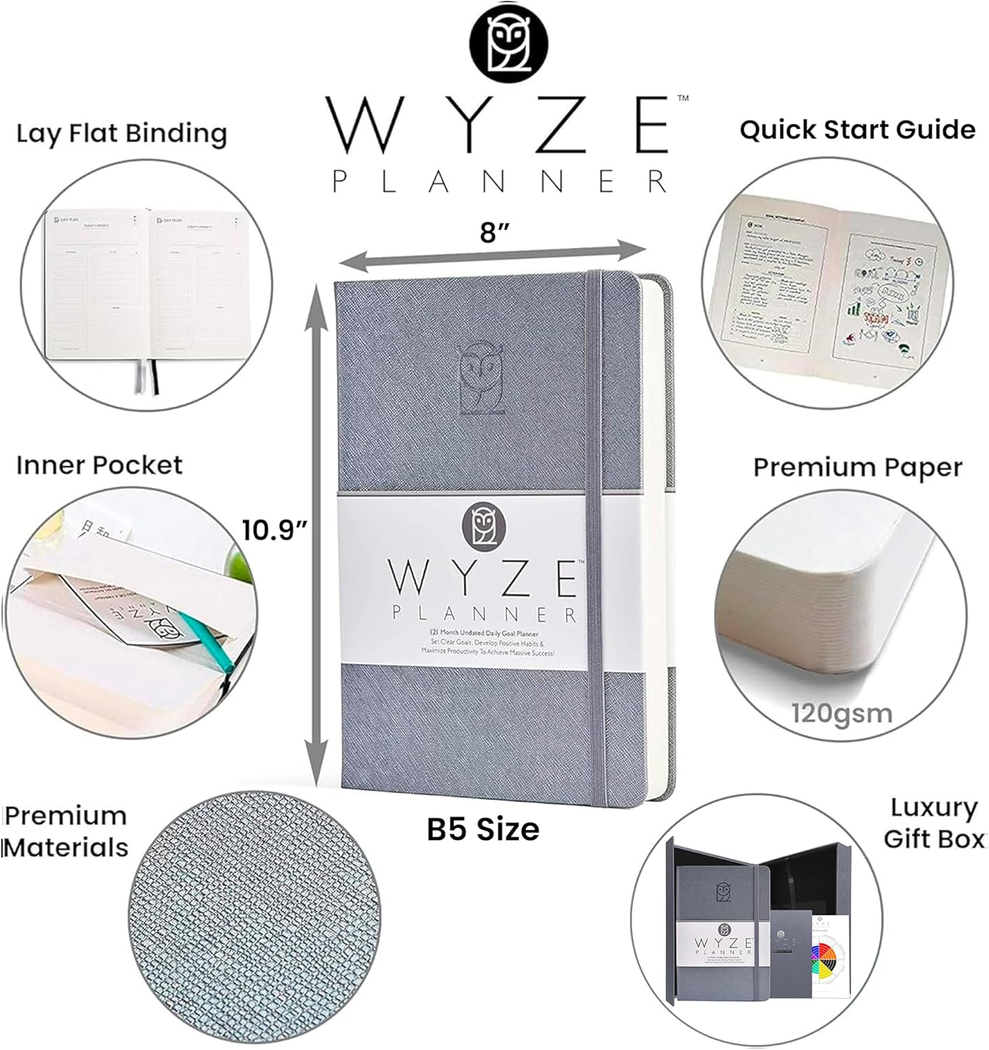 Undated Daily Planner – 1-Year B5 Productivity Organizer with Two-Page Weekly Spread, Goal Setting, Habit Tracker, Weekly & Monthly Pages – Hardcover Time Management Notebook (Gray)