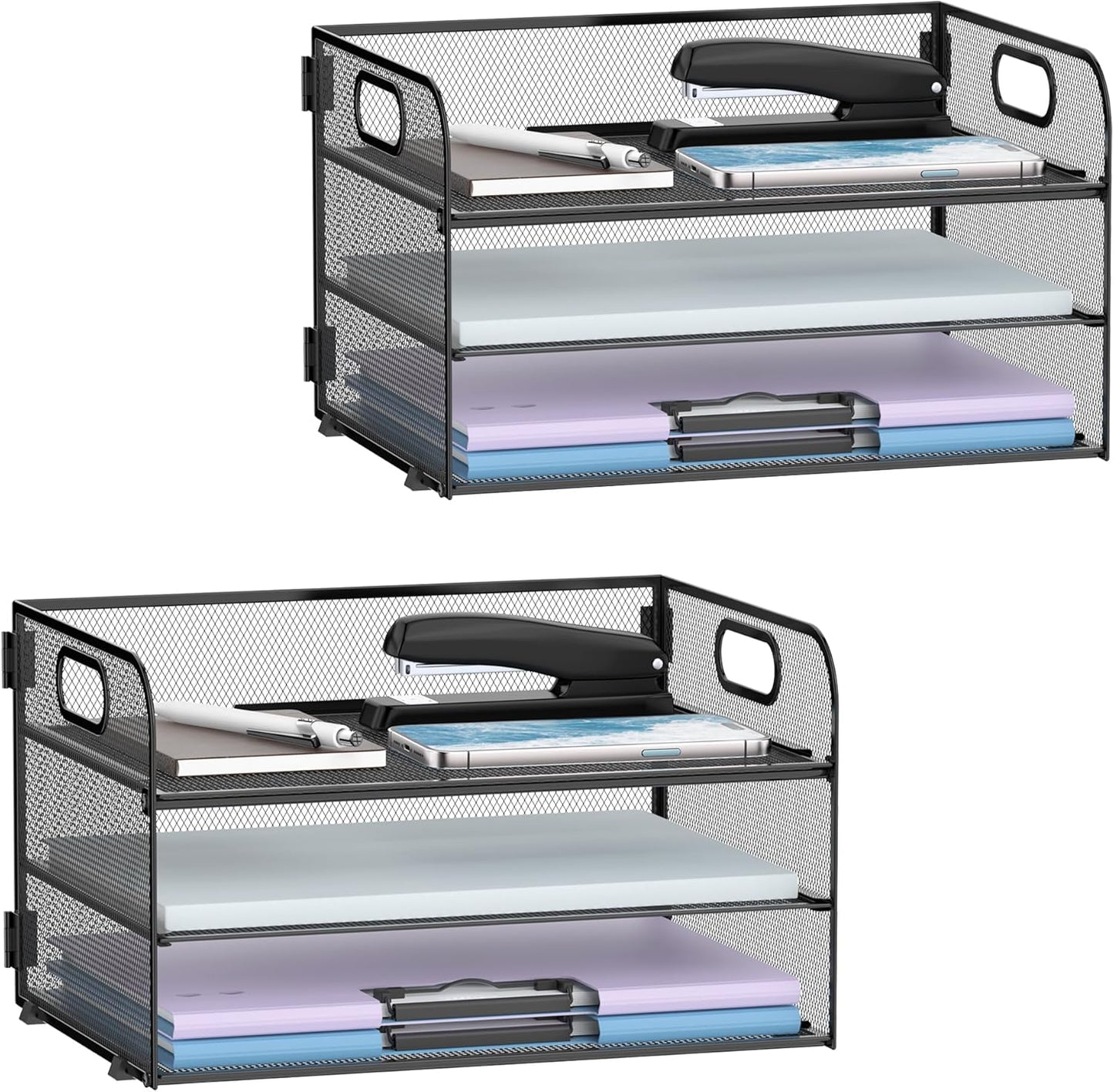 Supeasy 3 Tier Paper Organizer with Handle, Mesh Desk Organizer Letter Tray, Paper Tray File Organizer for A4 File Folder, Black, 2 Pack